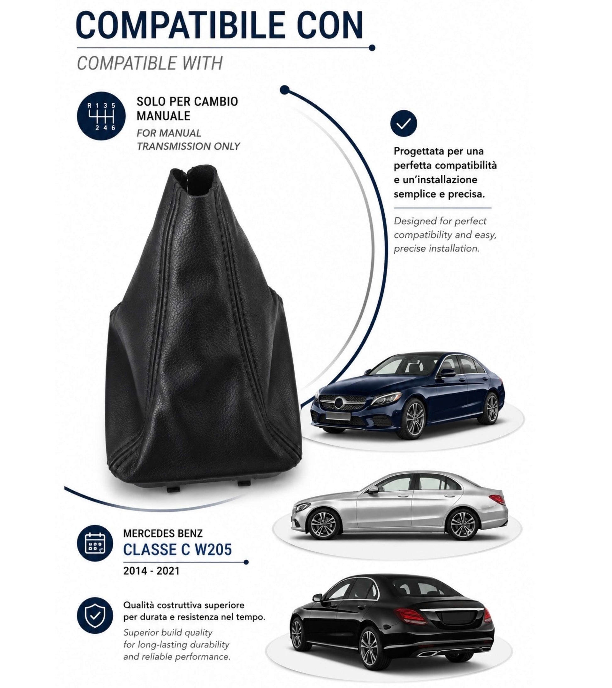 Cuffia per Leva Cambio Compatibile con Mercedes Classe C W205 2014-2021 con Ghiera Telaio Interno Cuciture Nere Materiale Sintetico OEM A2052670310