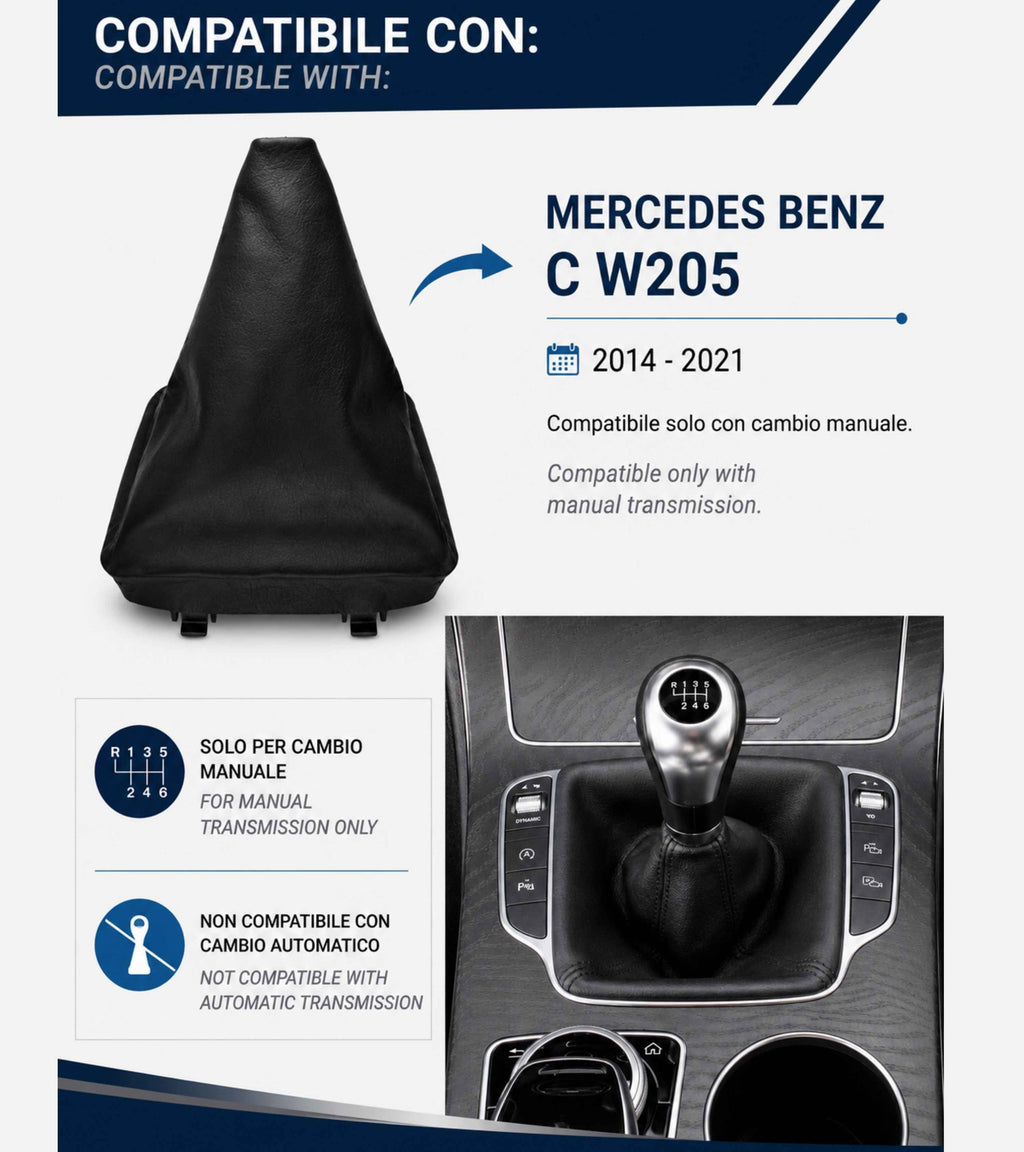 Cuffia per Leva Cambio Compatibile con Mercedes Classe C W205 2014-2021 con Ghiera Telaio Interno Cuciture Nere Materiale Sintetico OEM A2052670310
