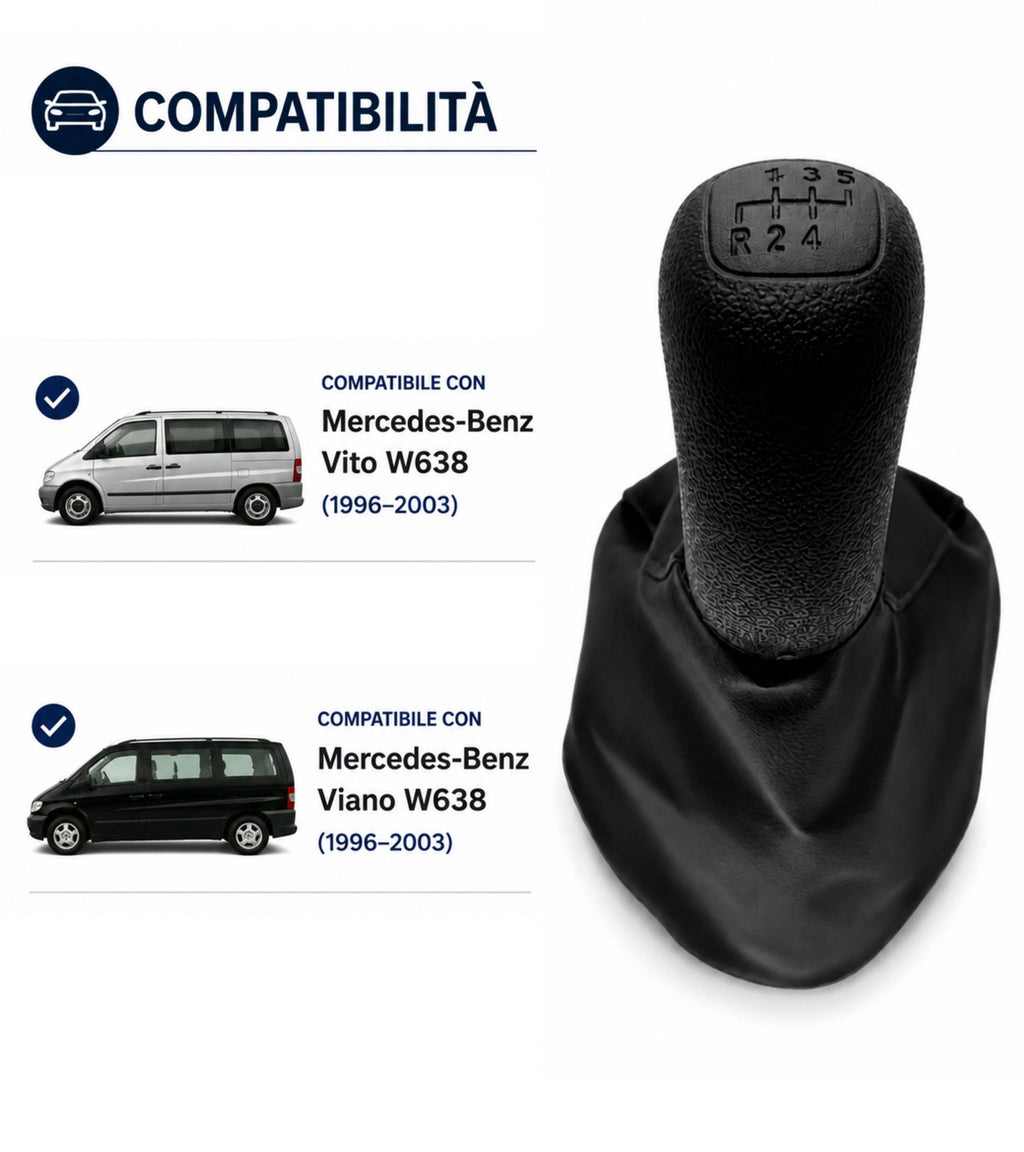 Kit Pomello Cambio 5 Marce con Cuffia Compatibile con Mercedes Vito Viano W638 1996-2003 1° Genereazione, per OEM A0002670010, Nero con Elastico