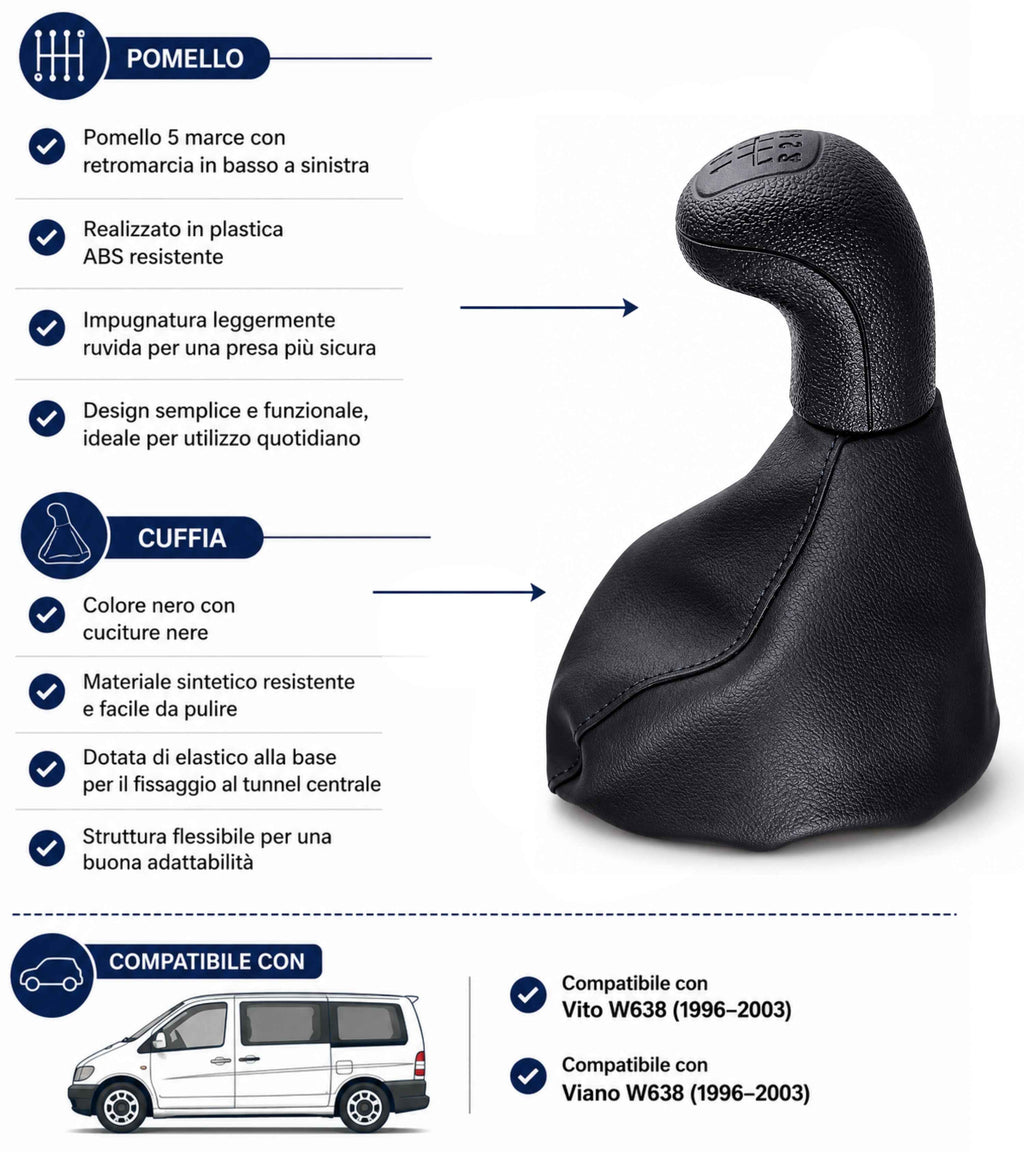 Kit Pomello Cambio 5 Marce con Cuffia Compatibile con Mercedes Vito Viano W638 1996-2003 1° Genereazione, per OEM A0002670010, Nero con Elastico