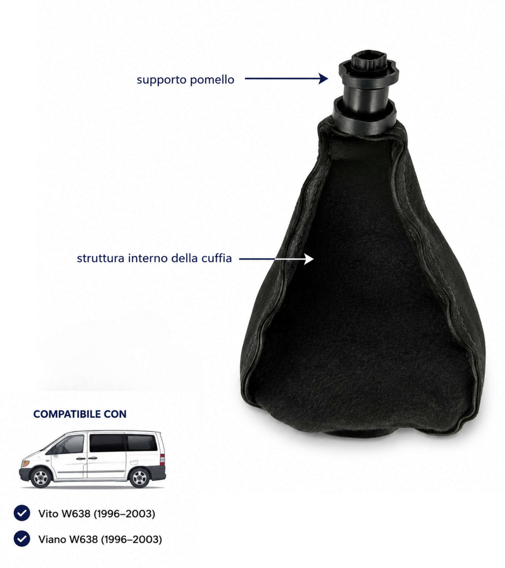 Kit Pomello Cambio 5 Marce con Cuffia Compatibile con Mercedes Vito Viano W638 1996-2003 1° Genereazione, per OEM A0002670010, Nero con Elastico