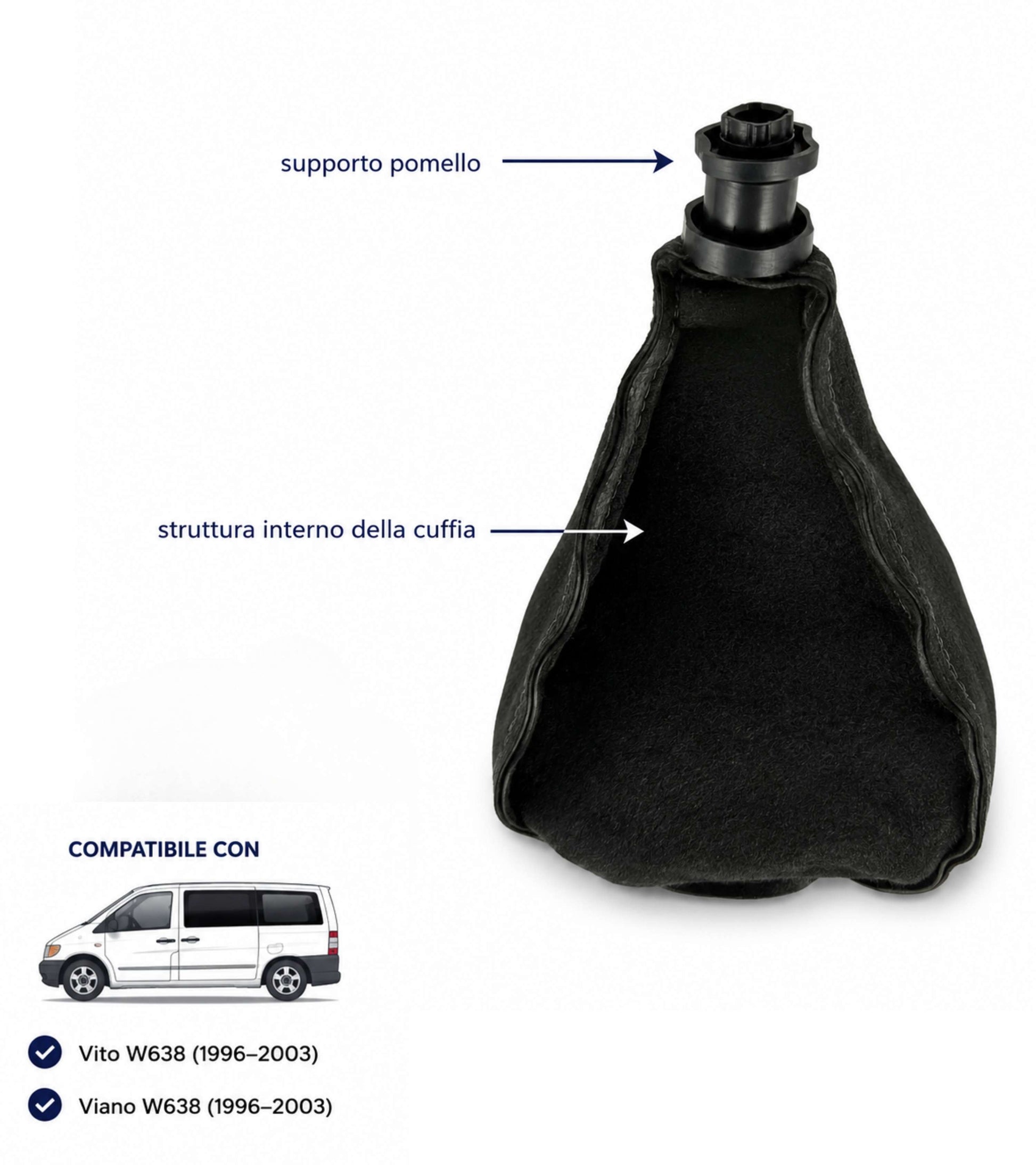 Kit Pomello Cambio 5 Marce con Cuffia Compatibile con Mercedes Vito Viano W638 1996-2003 1° Genereazione, per OEM A0002670010, Nero con Elastico