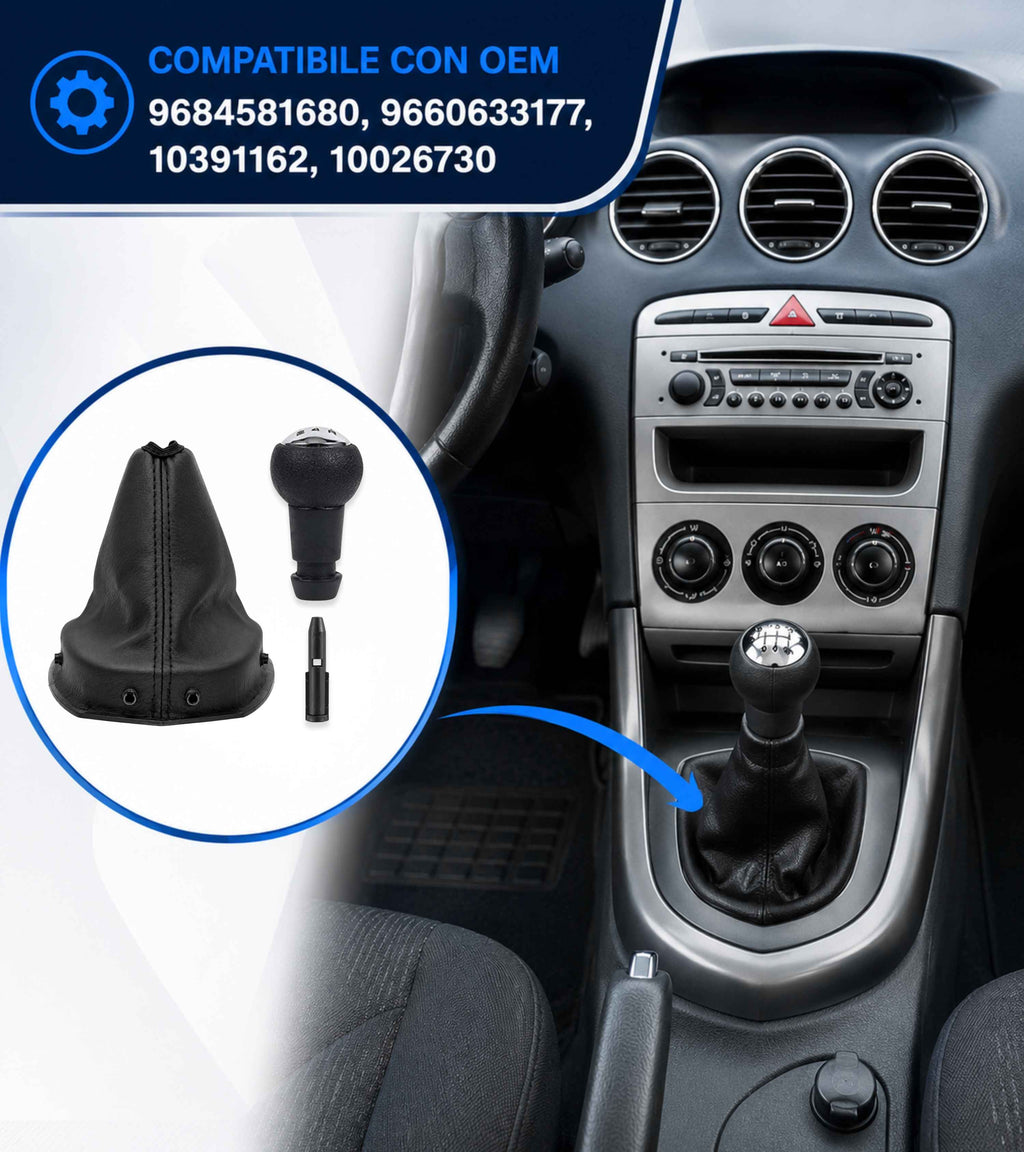 Kit Pomello 5 Marce, Cuffia Leva Cambio e Adattatore Compatibile con Peugeot 308 MK1 2008-2014 con Ghiera OEM 9684581680 9660633177 10391162