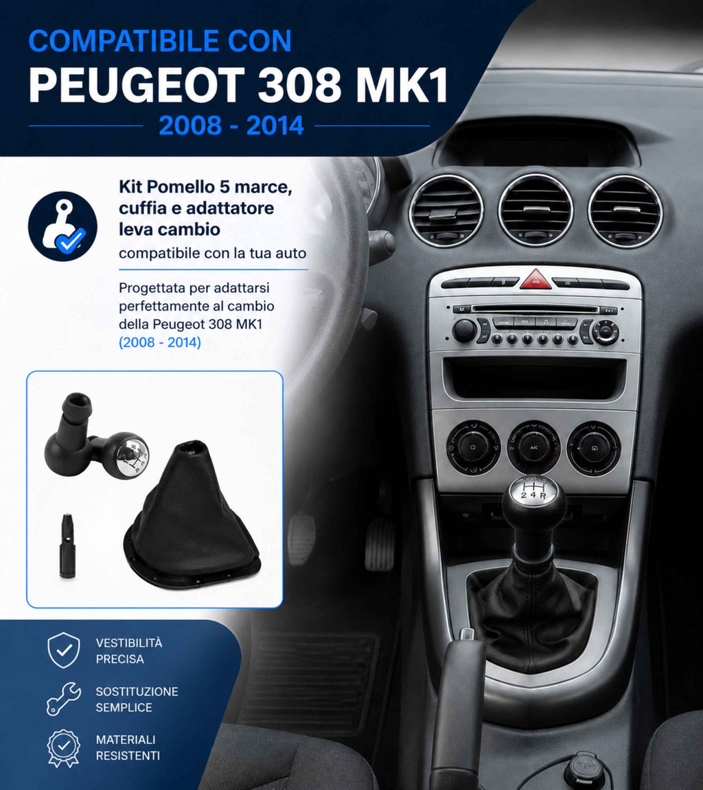 Kit Pomello 5 Marce, Cuffia Leva Cambio e Adattatore Compatibile con Peugeot 308 MK1 2008-2014 con Ghiera OEM 9684581680 9660633177 10391162