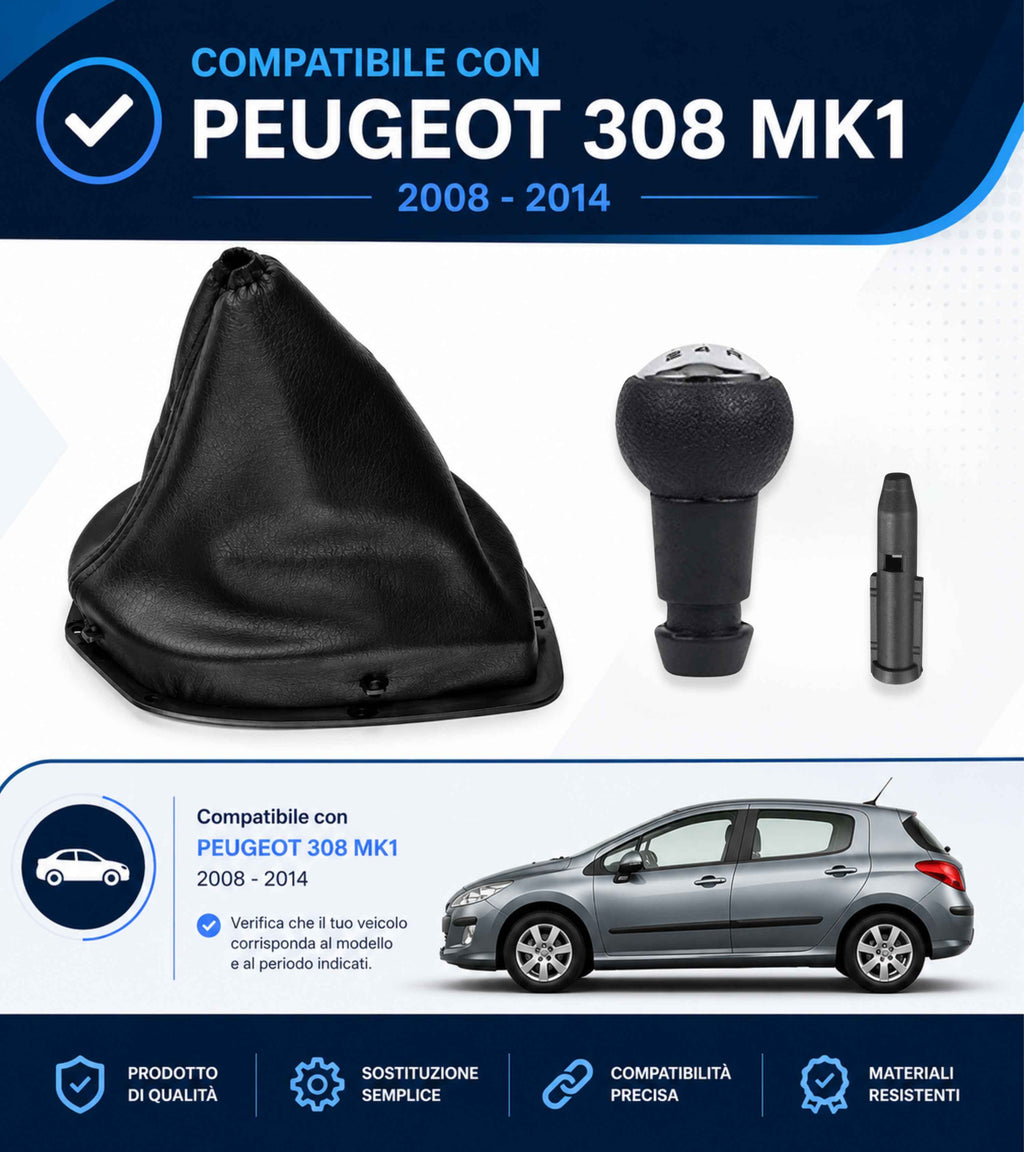Kit Pomello 5 Marce, Cuffia Leva Cambio e Adattatore Compatibile con Peugeot 308 MK1 2008-2014 con Ghiera OEM 9684581680 9660633177 10391162