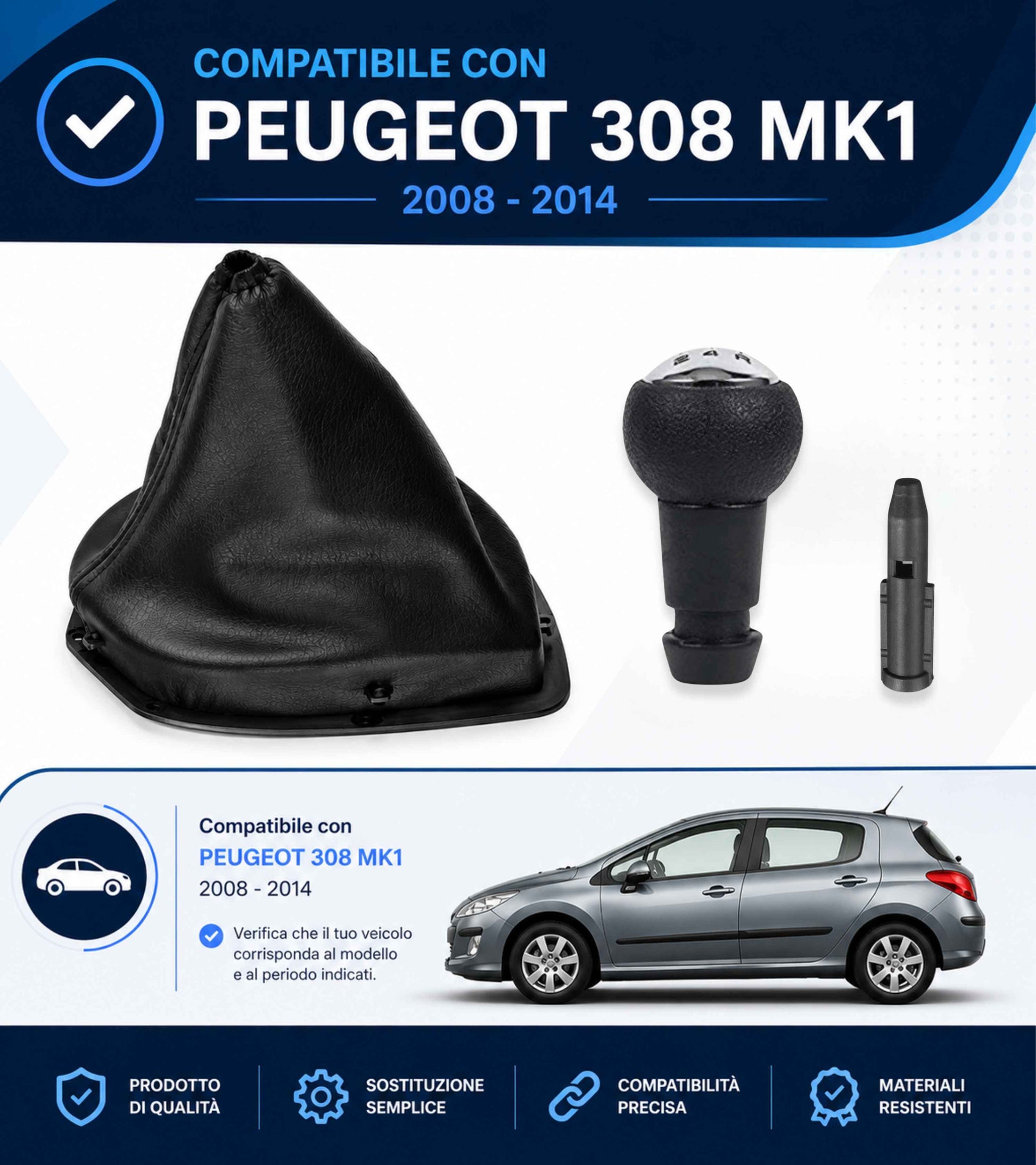 Kit Pomello 5 Marce, Cuffia Leva Cambio e Adattatore Compatibile con Peugeot 308 MK1 2008-2014 con Ghiera OEM 9684581680 9660633177 10391162