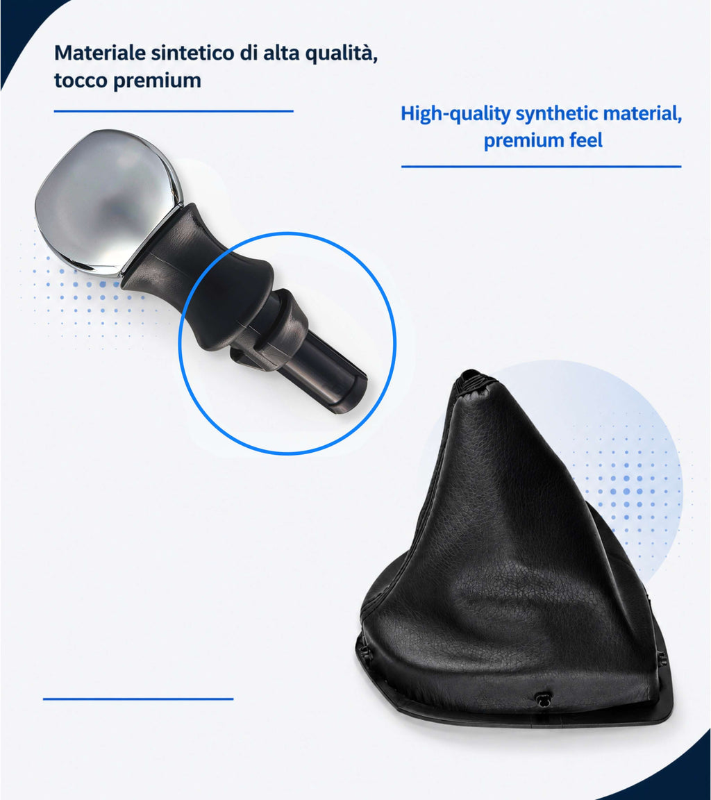 Kit Pomello Argento Lucido 5 Marce, Cuffia Leva Cambio, Ghiera e Adattatore Compatibile con Peugeot 308 MK1 2008-2014 con Ghiera, verifica codici OEM