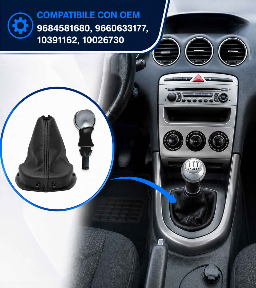 Kit Pomello Argento Lucido 5 Marce, Cuffia Leva Cambio, Ghiera e Adattatore Compatibile con Peugeot 308 MK1 2008-2014 con Ghiera, verifica codici OEM