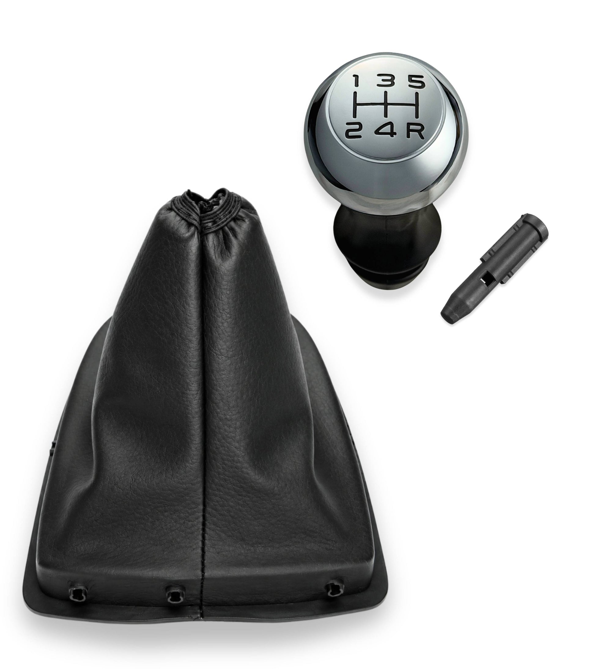 Kit Pomello Argento Lucido 5 Marce, Cuffia Leva Cambio, Ghiera e Adattatore Compatibile con Peugeot 308 MK1 2008-2014 con Ghiera, verifica codici OEM