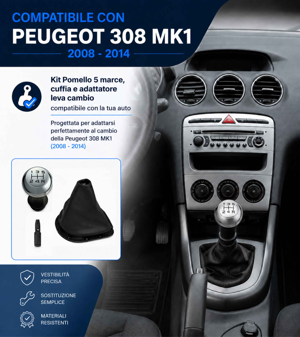 Kit Pomello Argento Lucido 5 Marce, Cuffia Leva Cambio, Ghiera e Adattatore Compatibile con Peugeot 308 MK1 2008-2014 con Ghiera, verifica codici OEM