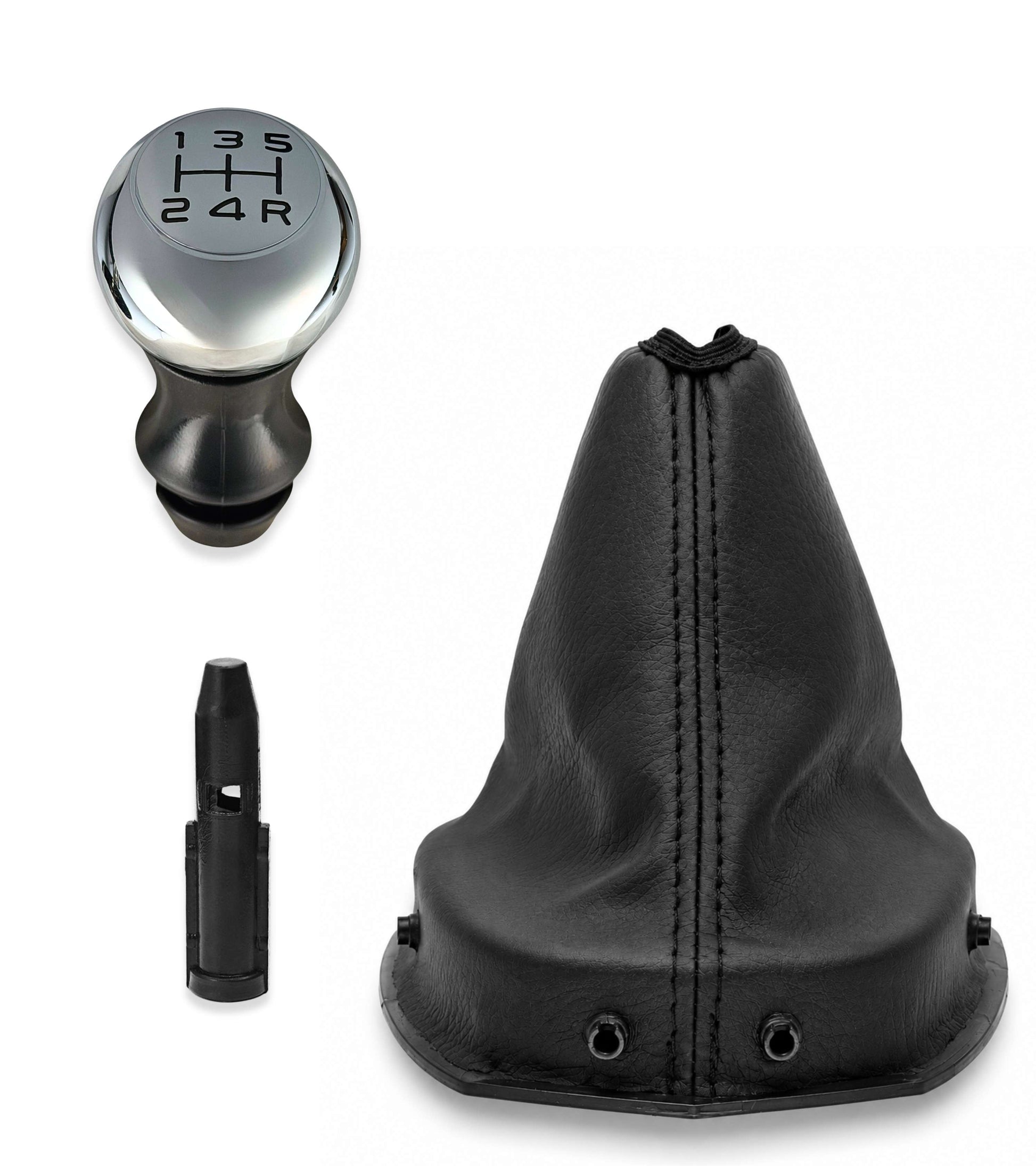 Kit Pomello Argento Lucido 5 Marce, Cuffia Leva Cambio, Ghiera e Adattatore Compatibile con Peugeot 308 MK1 2008-2014 con Ghiera, verifica codici OEM