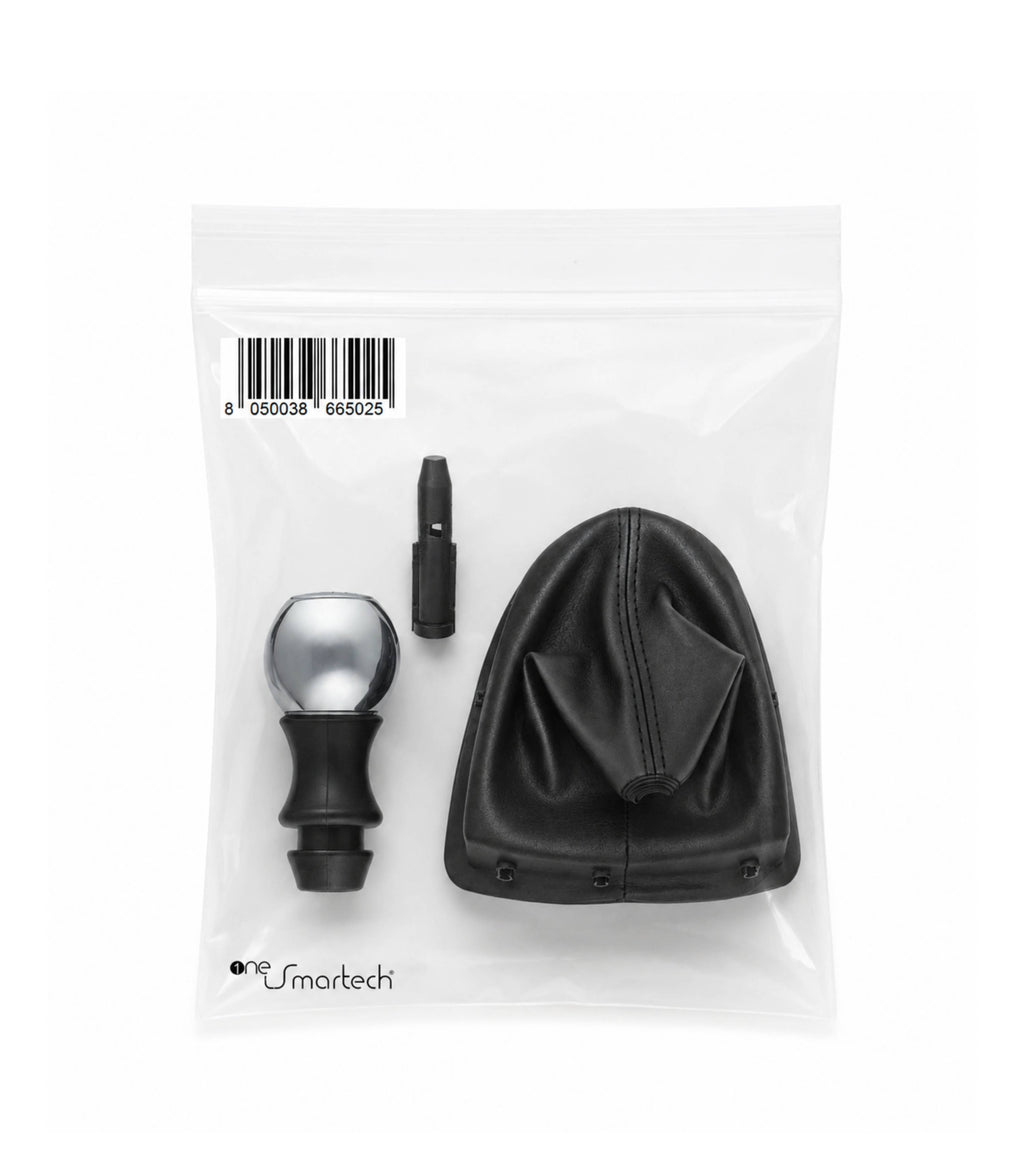 Kit Pomello Argento Lucido 5 Marce, Cuffia Leva Cambio, Ghiera e Adattatore Compatibile con Peugeot 308 MK1 2008-2014 con Ghiera, verifica codici OEM