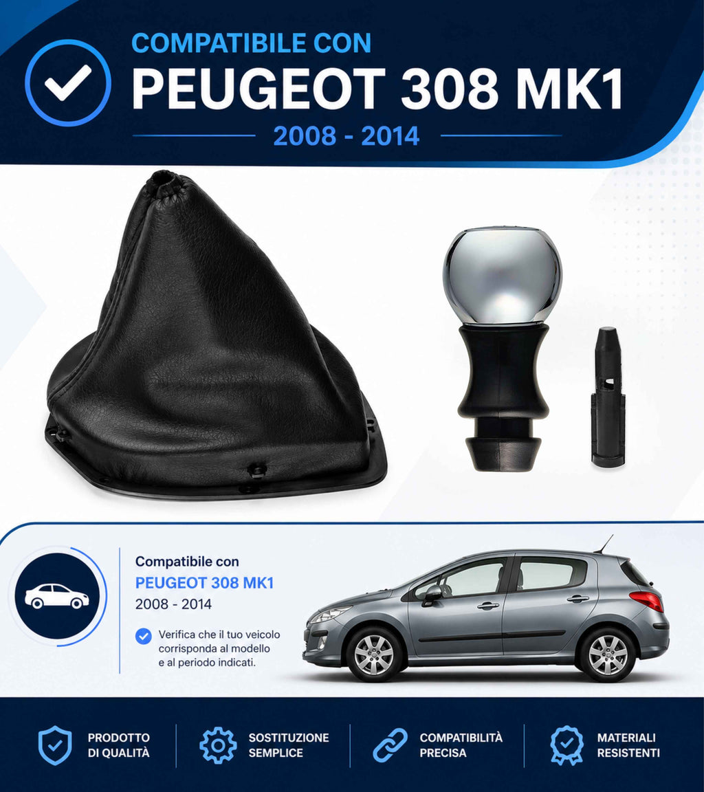Kit Pomello Argento Lucido 5 Marce, Cuffia Leva Cambio, Ghiera e Adattatore Compatibile con Peugeot 308 MK1 2008-2014 con Ghiera, verifica codici OEM