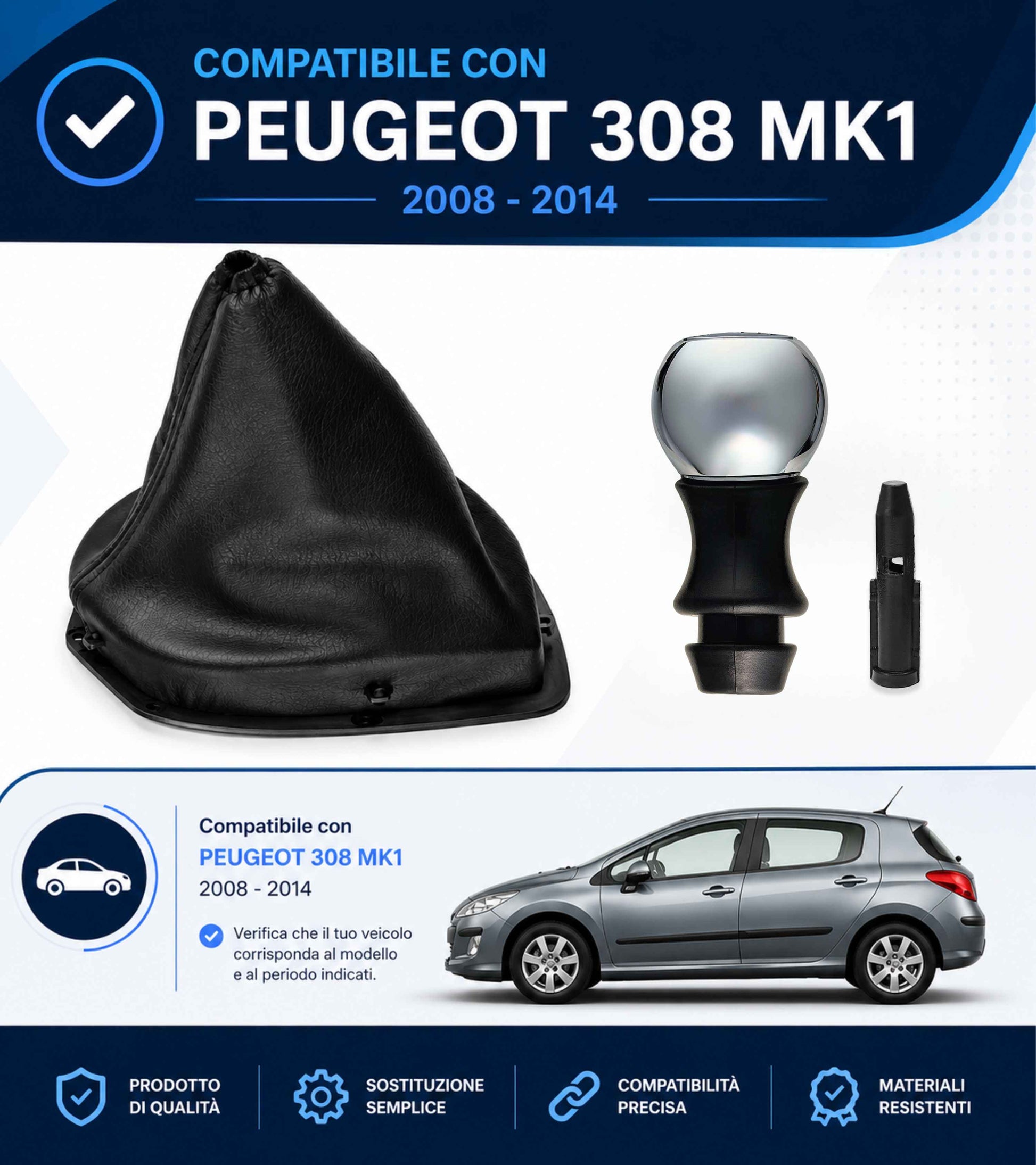 Kit Pomello Argento Lucido 5 Marce, Cuffia Leva Cambio, Ghiera e Adattatore Compatibile con Peugeot 308 MK1 2008-2014 con Ghiera, verifica codici OEM