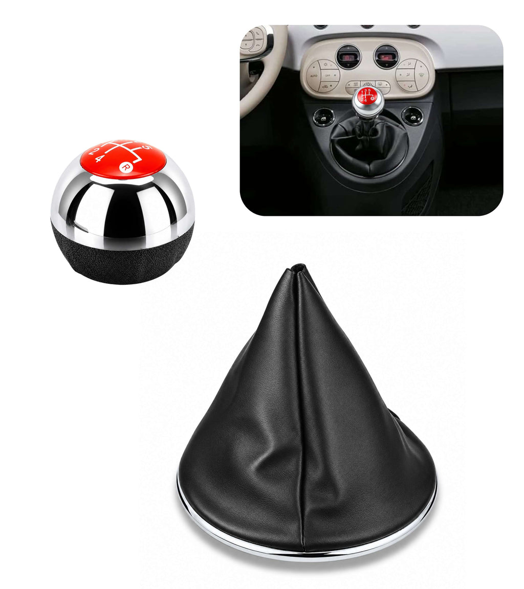 Kit Pomello Leva Cambio 5 Marce con Cuffia con Cornice Argento e Ghiera Compatibile con Fiat 500 (312) e 500C dal 2007, Lente Rossa Argento Lucido