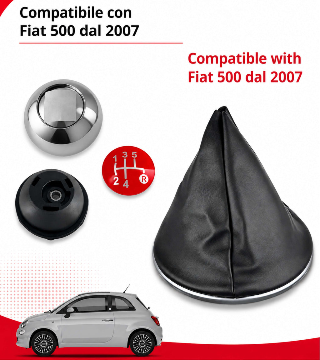 Kit Pomello Leva Cambio 5 Marce con Cuffia con Cornice Argento e Ghiera Compatibile con Fiat 500 (312) e 500C dal 2007, Lente Rossa Argento Lucido