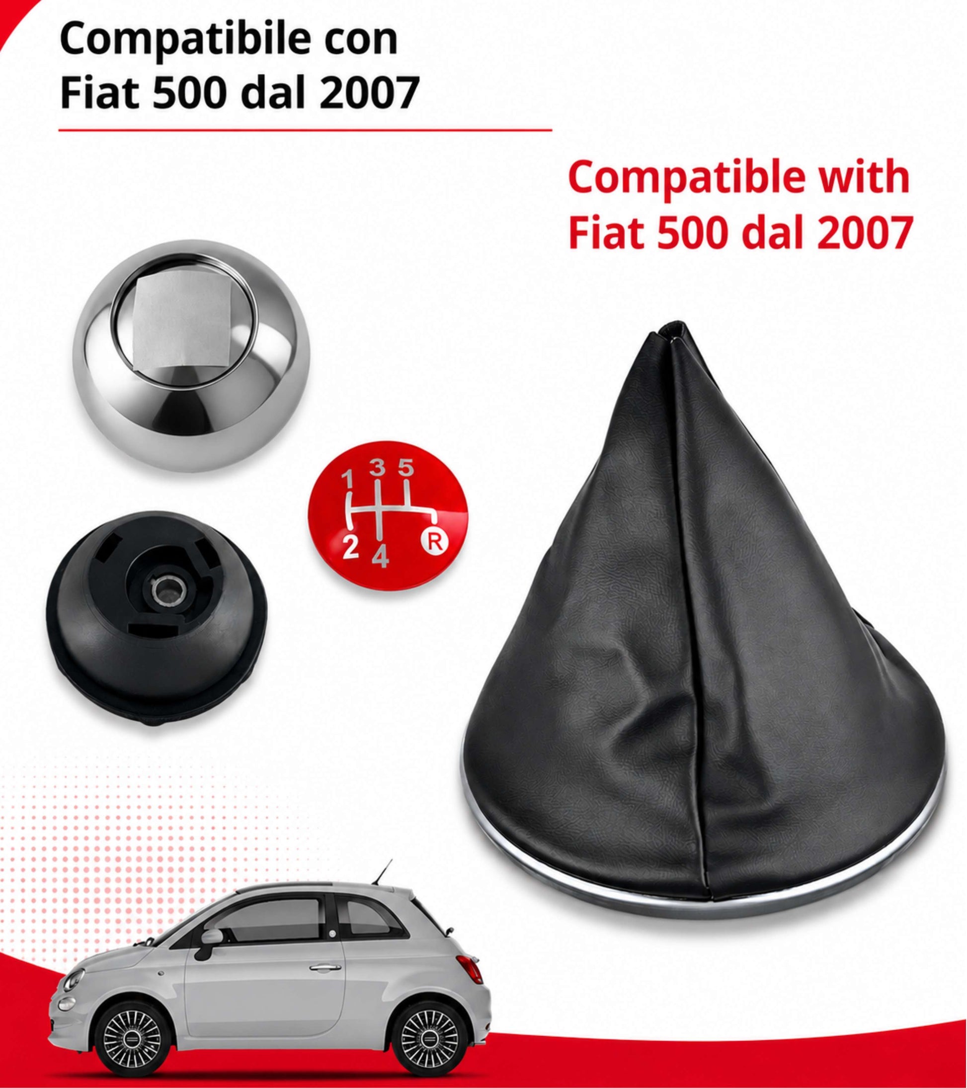 Kit Pomello Leva Cambio 5 Marce con Cuffia con Cornice Argento e Ghiera Compatibile con Fiat 500 (312) e 500C dal 2007, Lente Rossa Argento Lucido