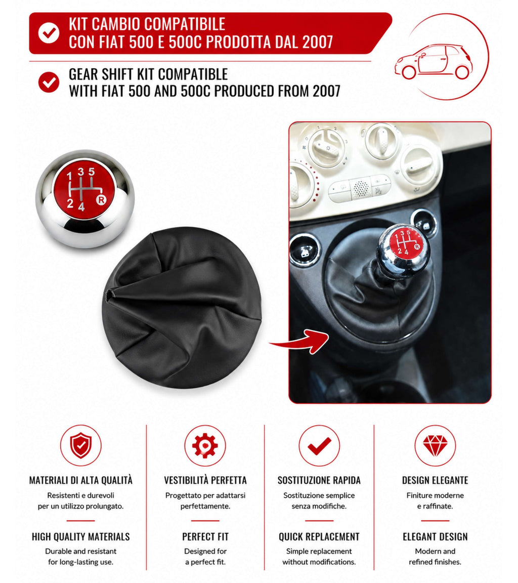 Kit Pomello Leva Cambio 5 Marce con Cuffia con Cornice Argento e Ghiera Compatibile con Fiat 500 (312) e 500C dal 2007, Lente Rossa Argento Lucido