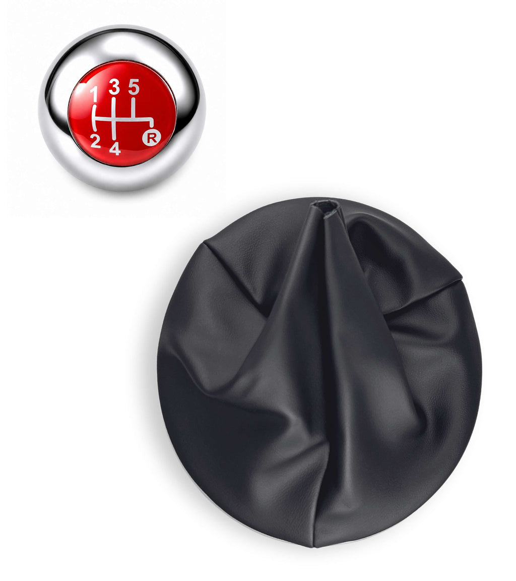 Kit Pomello Leva Cambio 5 Marce con Cuffia con Cornice Argento e Ghiera Compatibile con Fiat 500 (312) e 500C dal 2007, Lente Rossa Argento Lucido