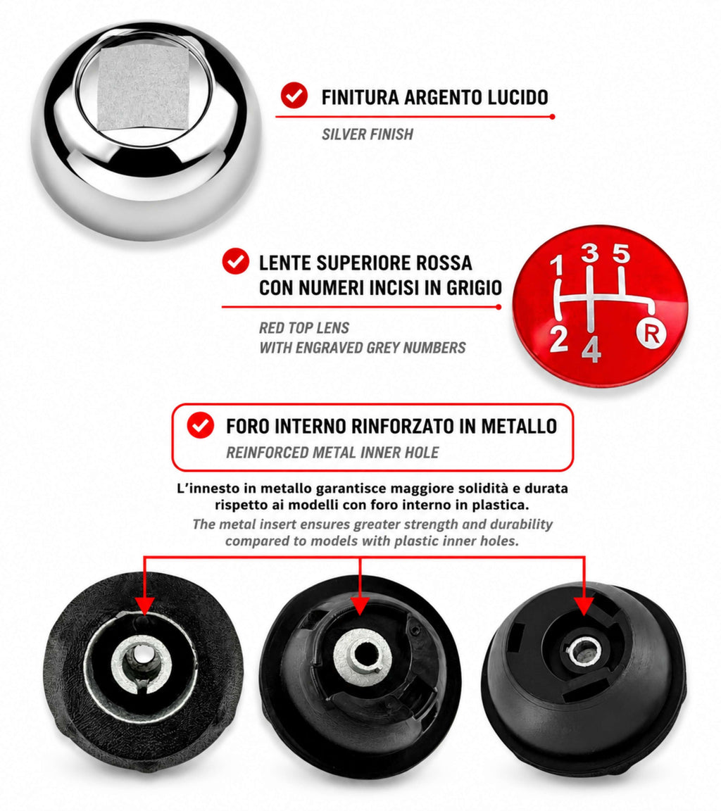 Kit Pomello Leva Cambio 5 Marce con Cuffia con Cornice Argento e Ghiera Compatibile con Fiat 500 (312) e 500C dal 2007, Lente Rossa Argento Lucido