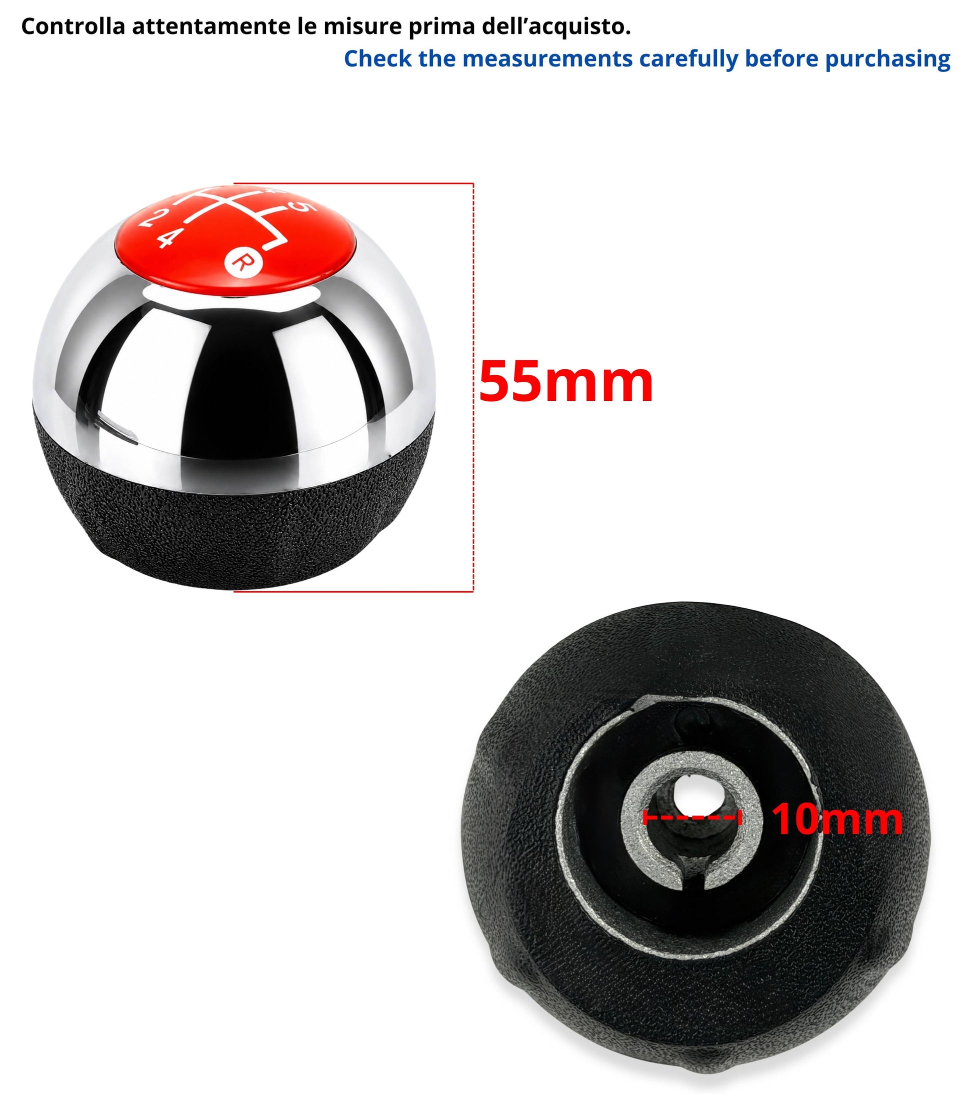 Kit Pomello Leva Cambio 5 Marce con Cuffia con Cornice Argento e Ghiera Compatibile con Fiat 500 (312) e 500C dal 2007, Lente Rossa Argento Lucido