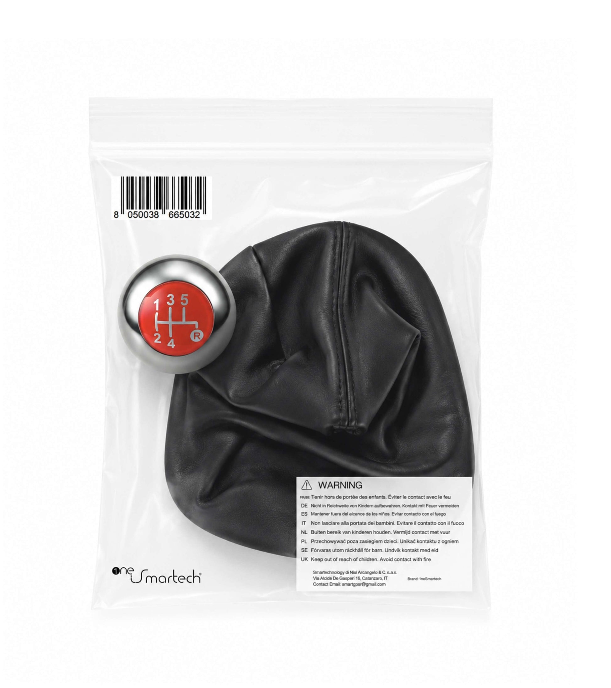 Kit Pomello Leva Cambio 5 Marce con Cuffia con Cornice Argento e Ghiera Compatibile con Fiat 500 (312) e 500C dal 2007, Lente Rossa Argento Lucido