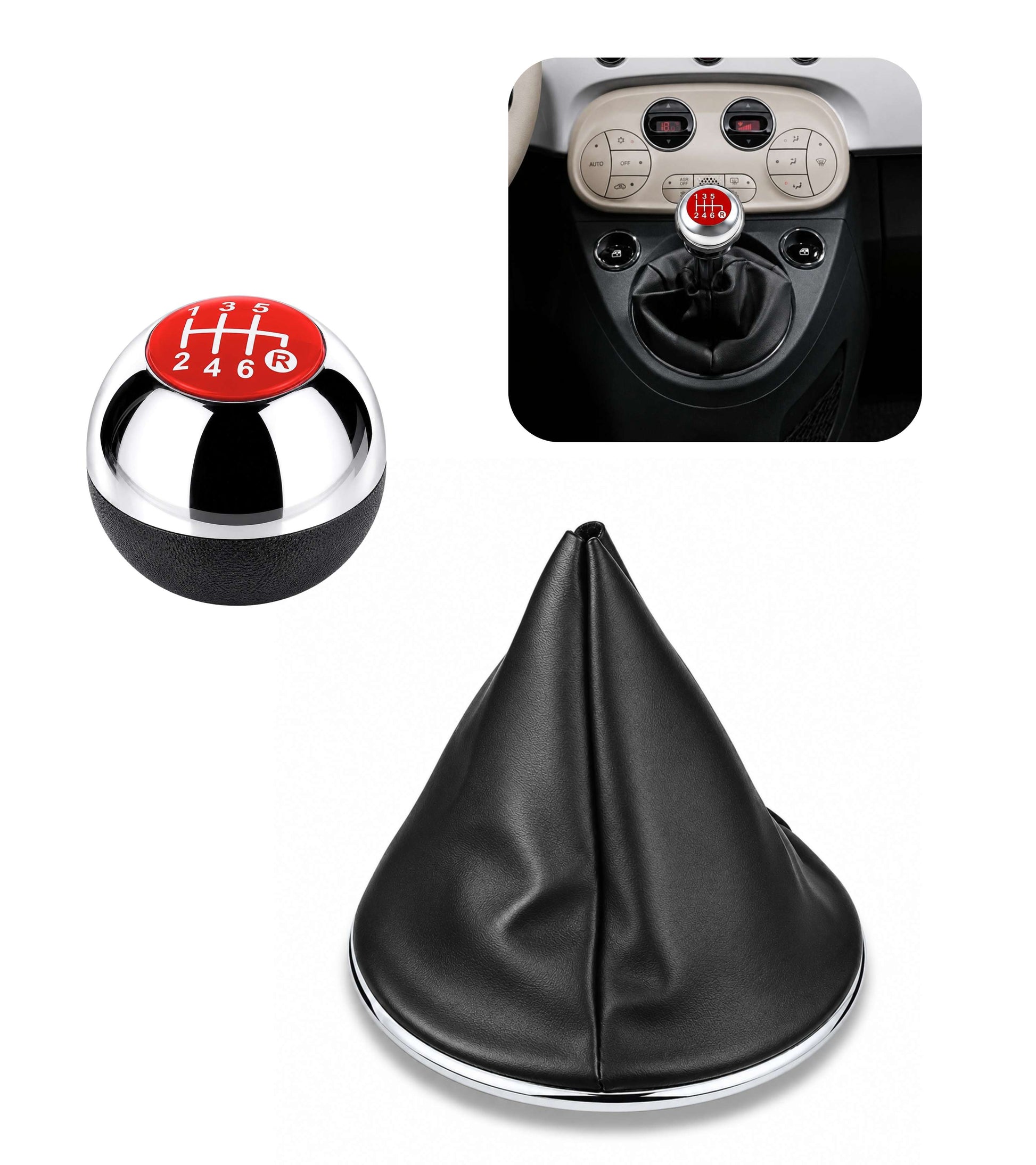 Kit Pomello Leva Cambio 6 Marce con Cuffia con Cornice Argento e Ghiera Compatibile con Fiat 500 (312) e 500C dal 2007, Lente Rossa Argento Lucido