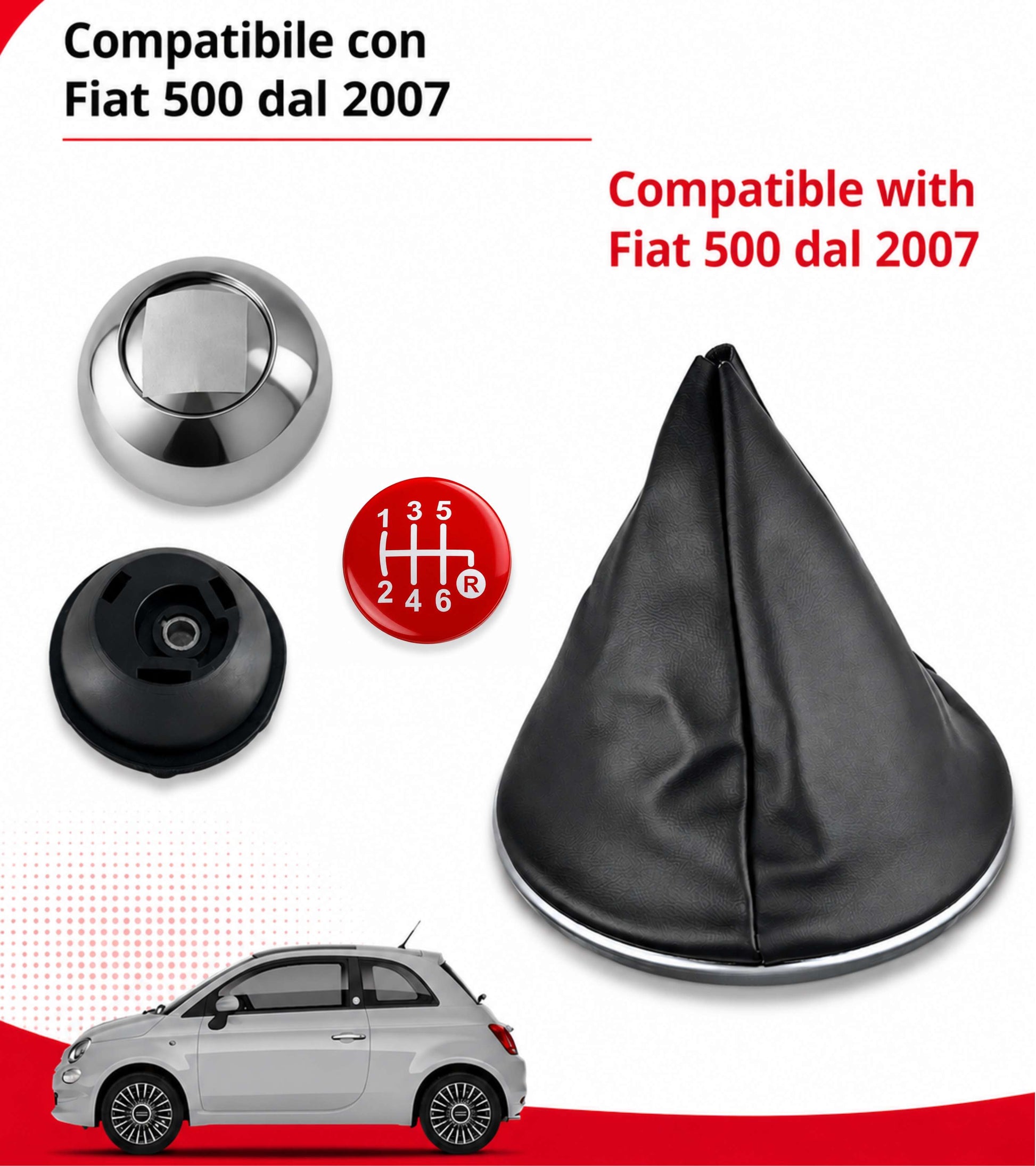 Kit Pomello Leva Cambio 6 Marce con Cuffia con Cornice Argento e Ghiera Compatibile con Fiat 500 (312) e 500C dal 2007, Lente Rossa Argento Lucido