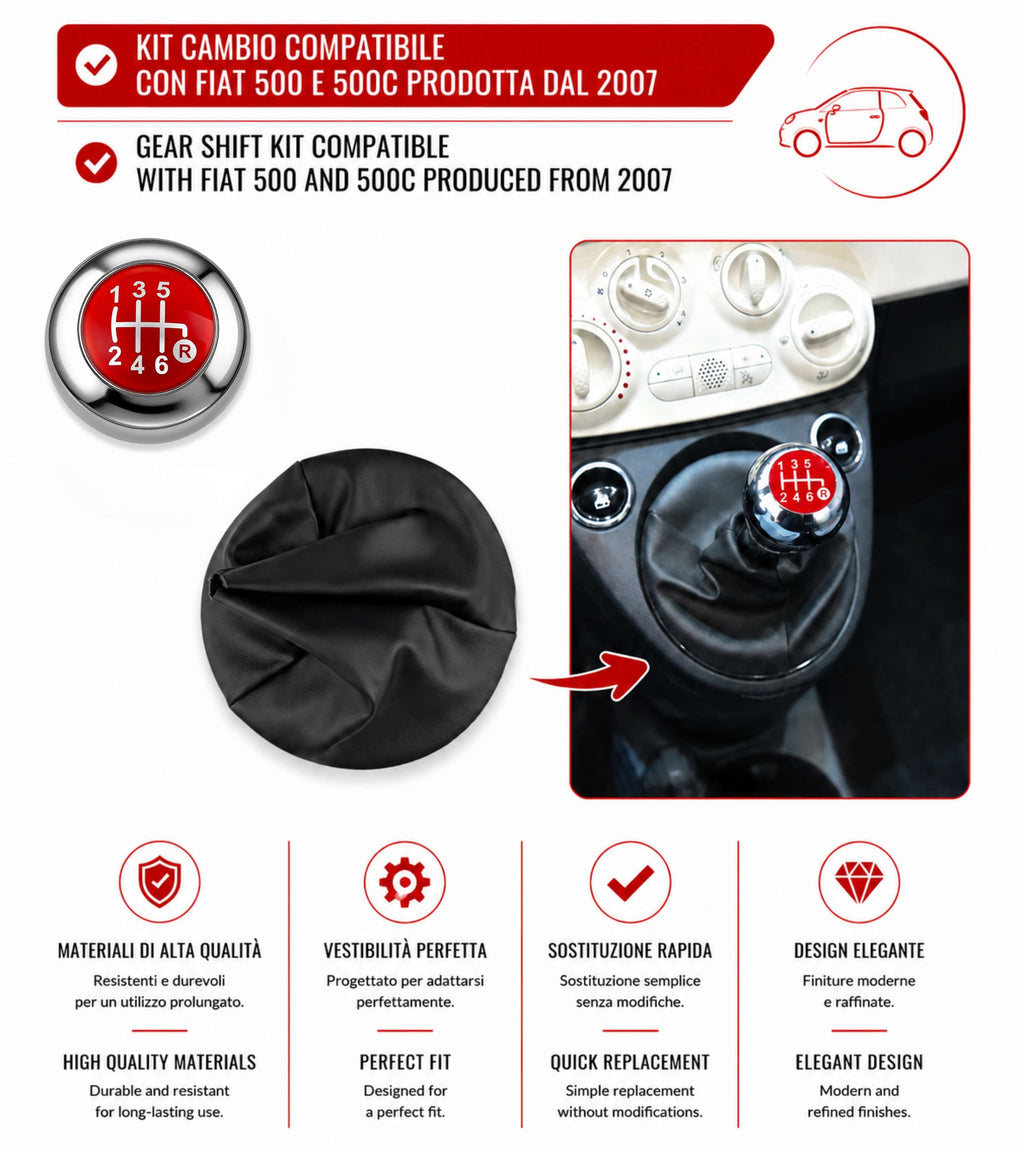 Kit Pomello Leva Cambio 6 Marce con Cuffia con Cornice Argento e Ghiera Compatibile con Fiat 500 (312) e 500C dal 2007, Lente Rossa Argento Lucido