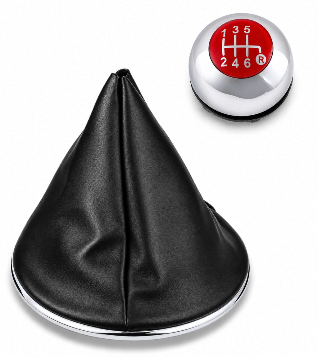 Kit Pomello Leva Cambio 6 Marce con Cuffia con Cornice Argento e Ghiera Compatibile con Fiat 500 (312) e 500C dal 2007, Lente Rossa Argento Lucido