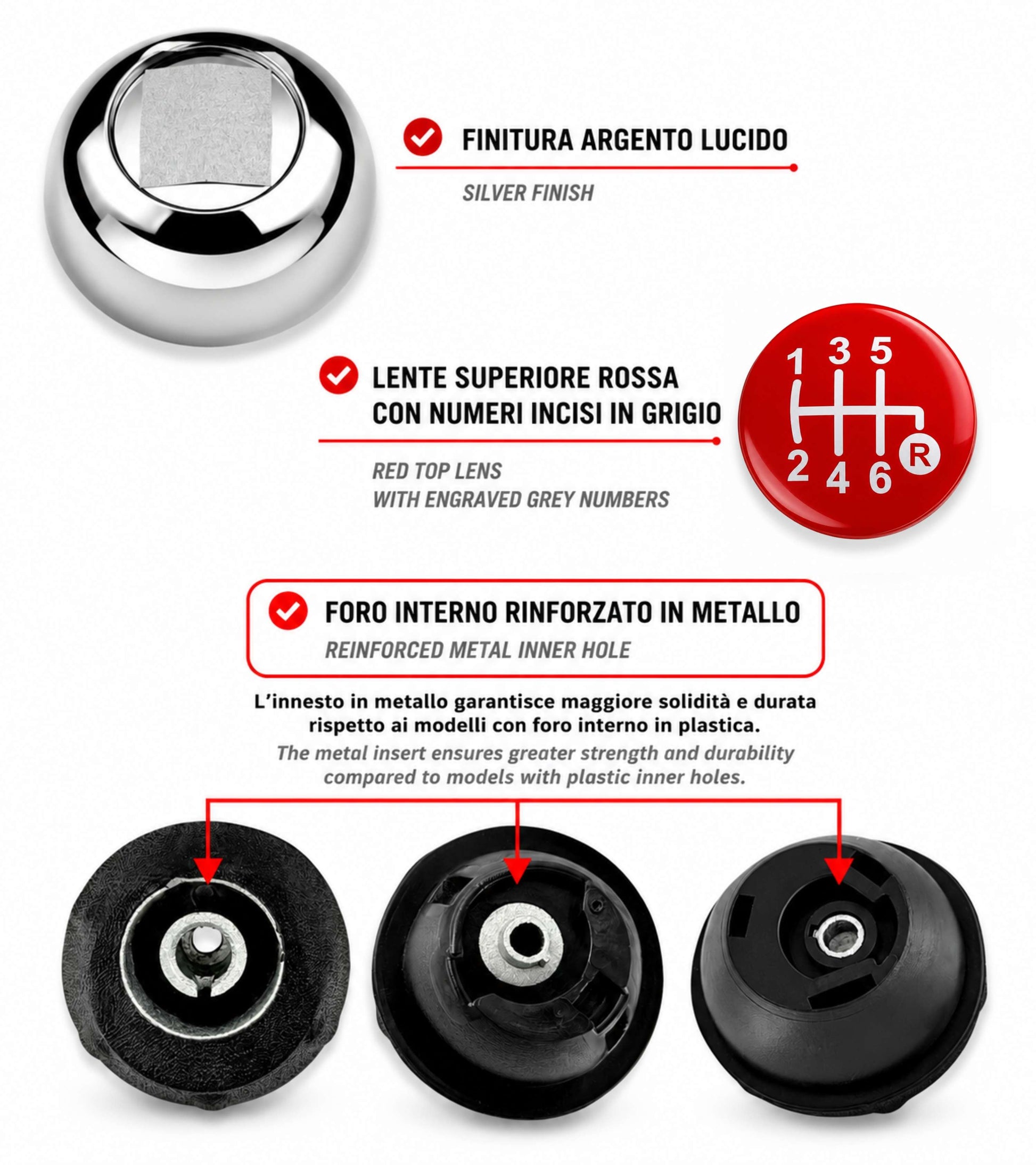 Kit Pomello Leva Cambio 6 Marce con Cuffia con Cornice Argento e Ghiera Compatibile con Fiat 500 (312) e 500C dal 2007, Lente Rossa Argento Lucido