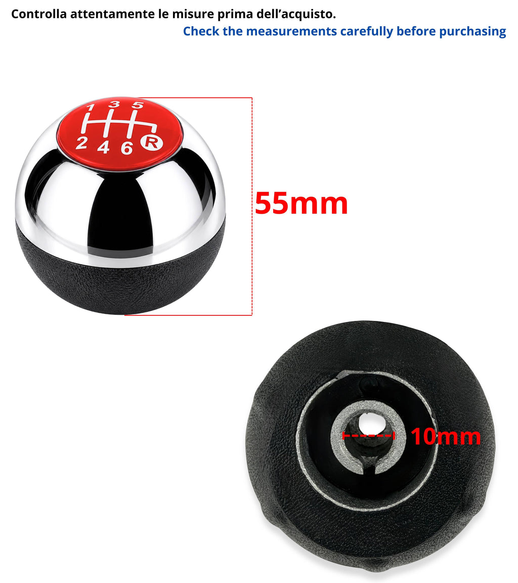 Kit Pomello Leva Cambio 6 Marce con Cuffia con Cornice Argento e Ghiera Compatibile con Fiat 500 (312) e 500C dal 2007, Lente Rossa Argento Lucido
