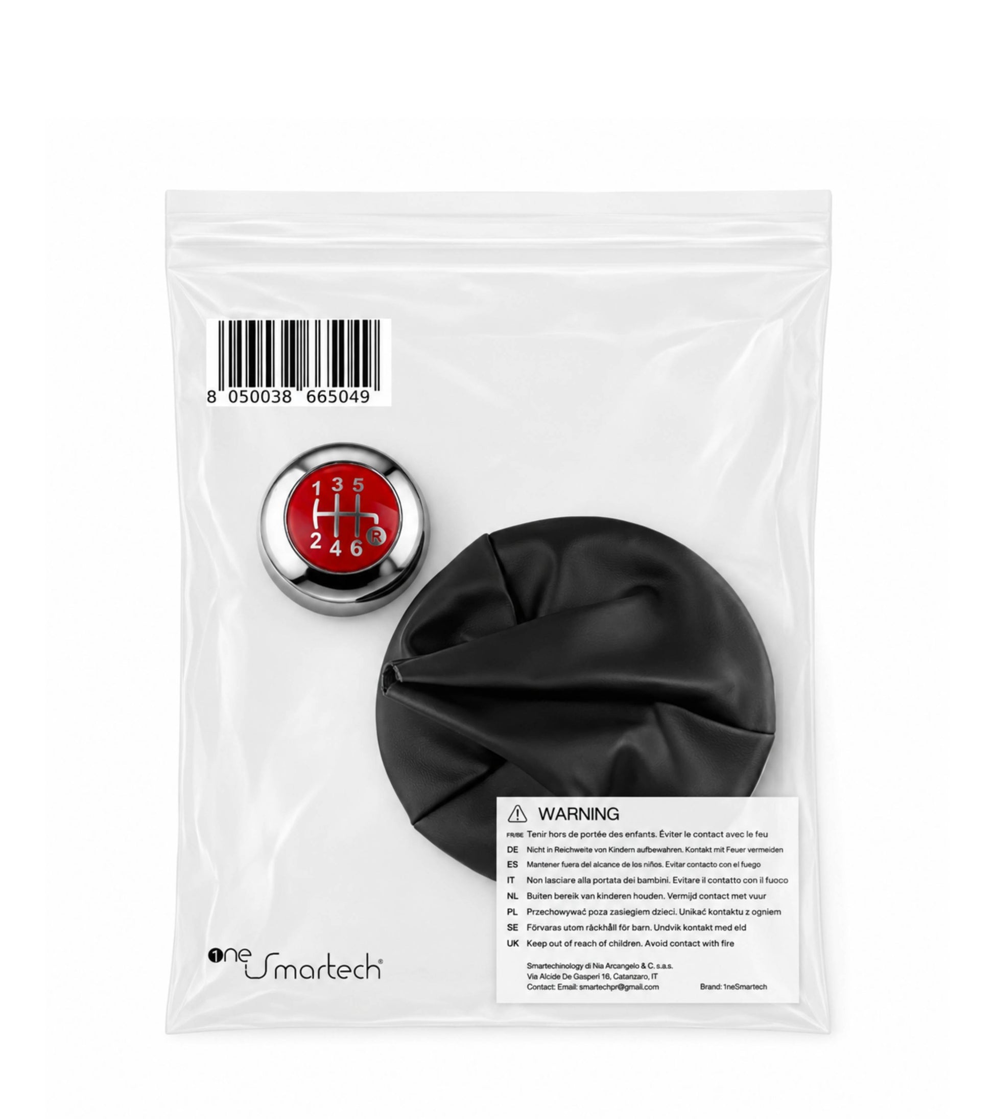 Kit Pomello Leva Cambio 6 Marce con Cuffia con Cornice Argento e Ghiera Compatibile con Fiat 500 (312) e 500C dal 2007, Lente Rossa Argento Lucido