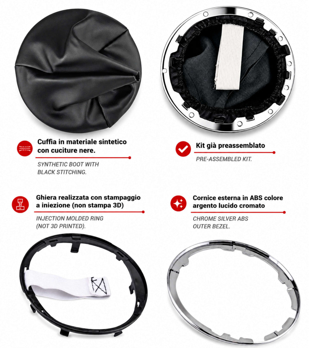 Kit Pomello Leva Cambio 6 Marce con Cuffia con Cornice Argento e Ghiera Compatibile con Fiat 500 (312) e 500C dal 2007, Lente Rossa Argento Lucido