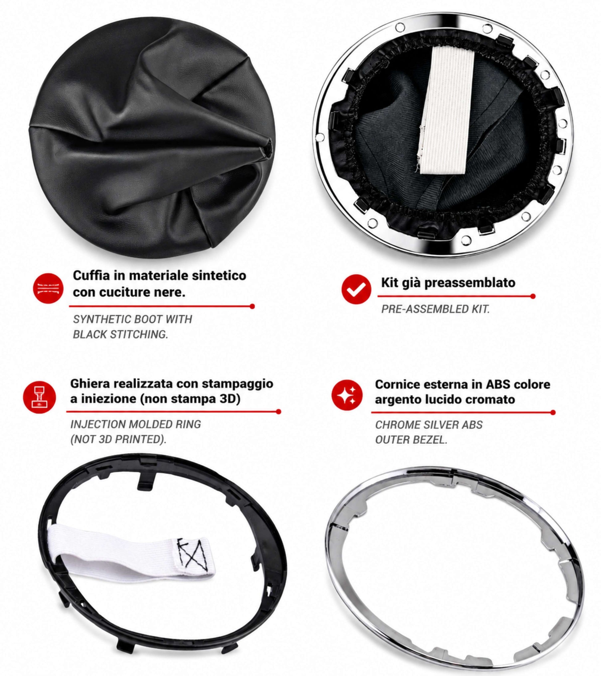 Kit Pomello Leva Cambio 6 Marce con Cuffia con Cornice Argento e Ghiera Compatibile con Fiat 500 (312) e 500C dal 2007, Lente Rossa Argento Lucido