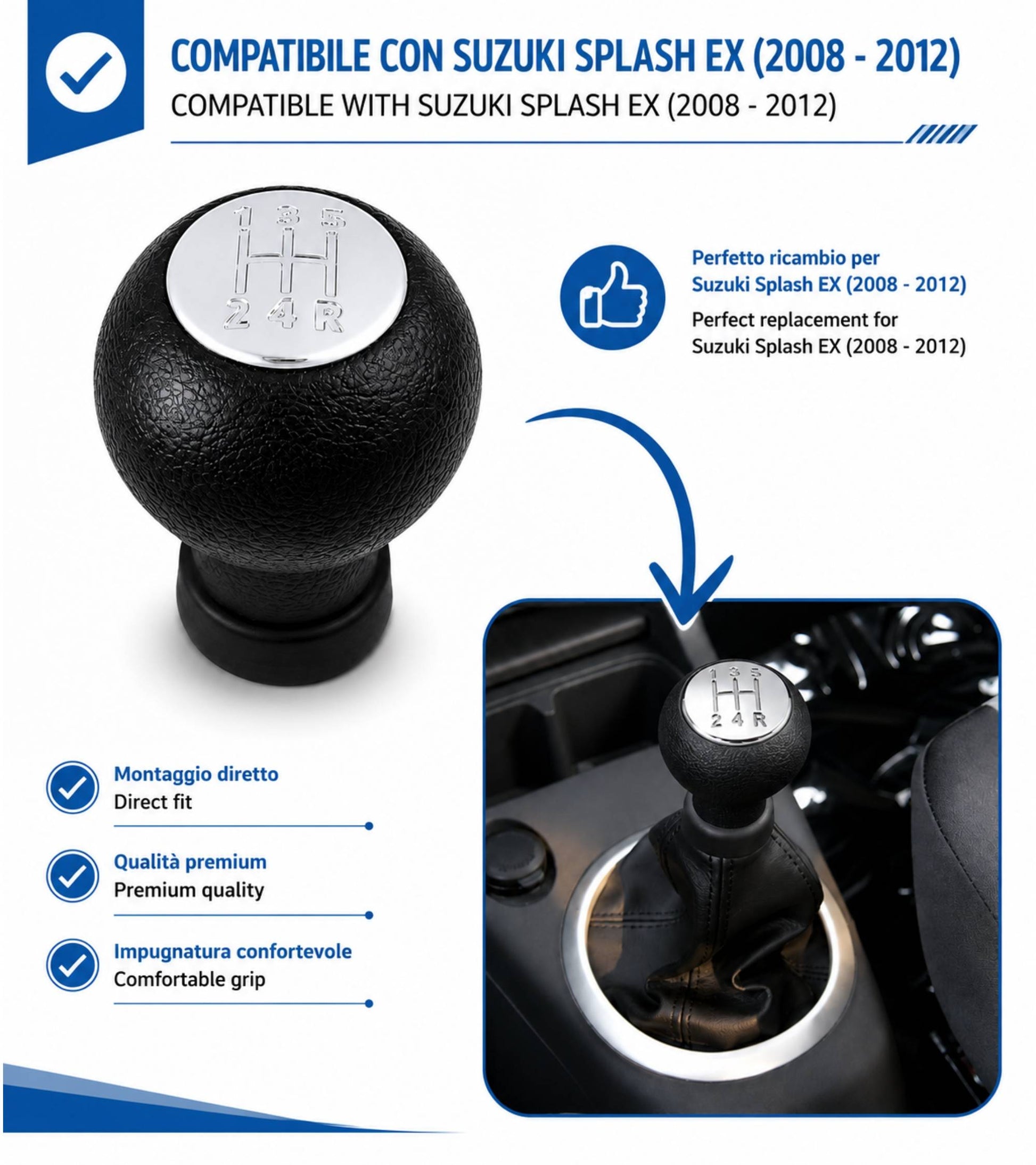 Pomello Cambio 5 Marce Compatibile con Suzuki Splash EX 2008-2012 Filettato, foro con diametro 12mm Placca Cromata Argento solo per Leva Cilindrica