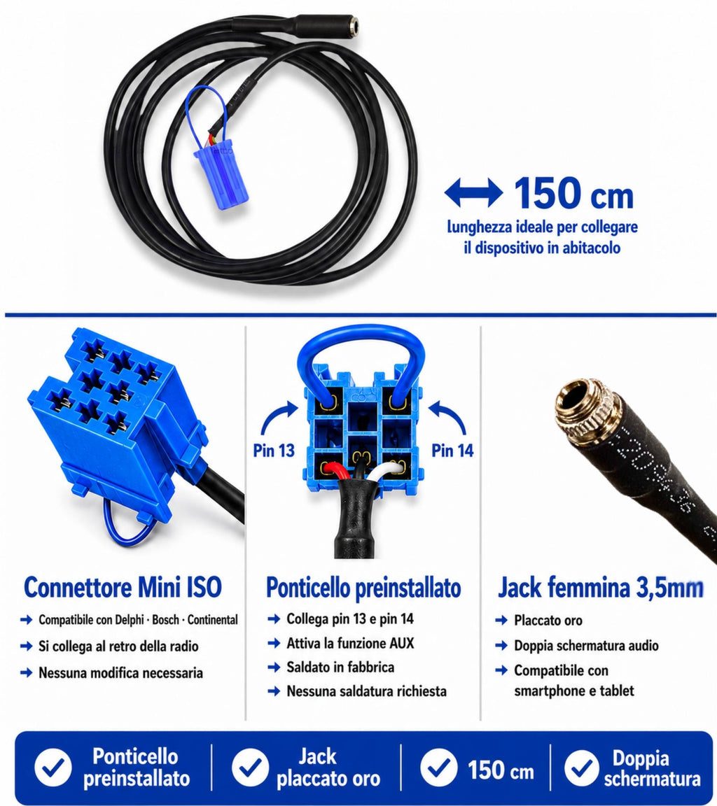 Cavo Aux Femmina con Ponticello per Radio Delphi Bosch No Source Available Compatibile con Fiat Punto 500 Lancia Ypsilon + Cavo Nylon Jack Maschio