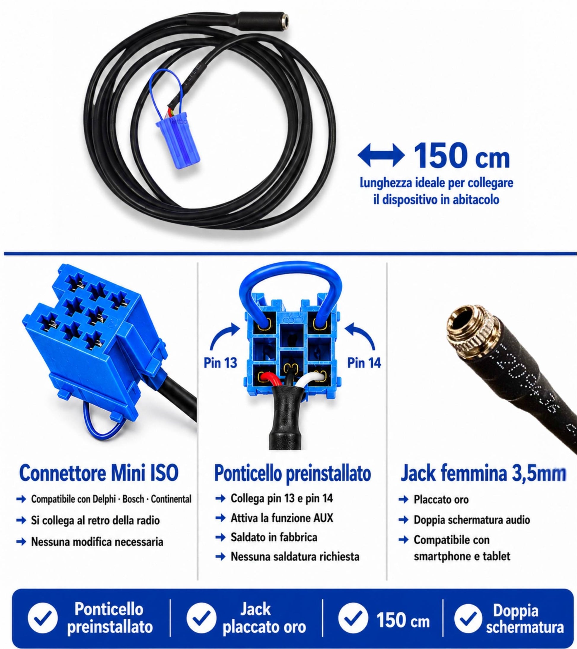 Cavo Aux Femmina con Ponticello per Radio Delphi Bosch No Source Available Compatibile con Fiat Punto 500 Lancia Ypsilon + Cavo Nylon Jack Maschio