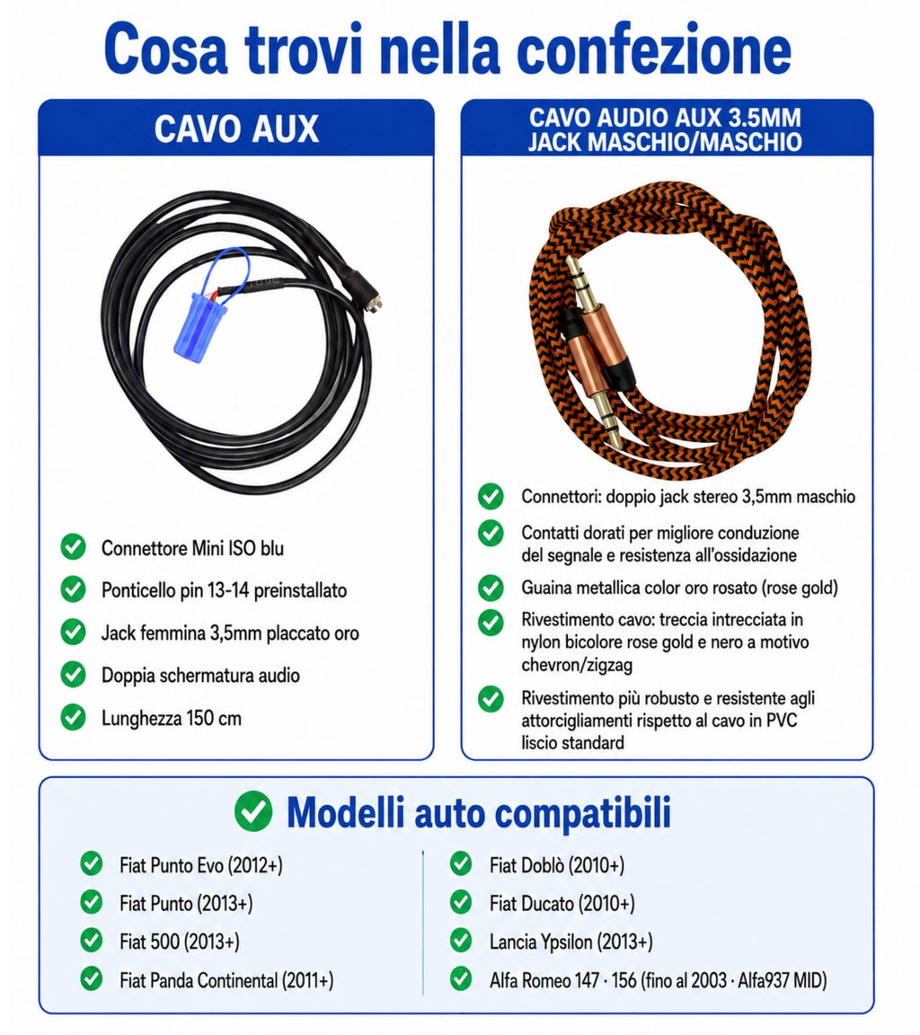 Cavo Aux Femmina con Ponticello per Radio Delphi Bosch No Source Available Compatibile con Fiat Punto 500 Lancia Ypsilon + Cavo Nylon Jack Maschio