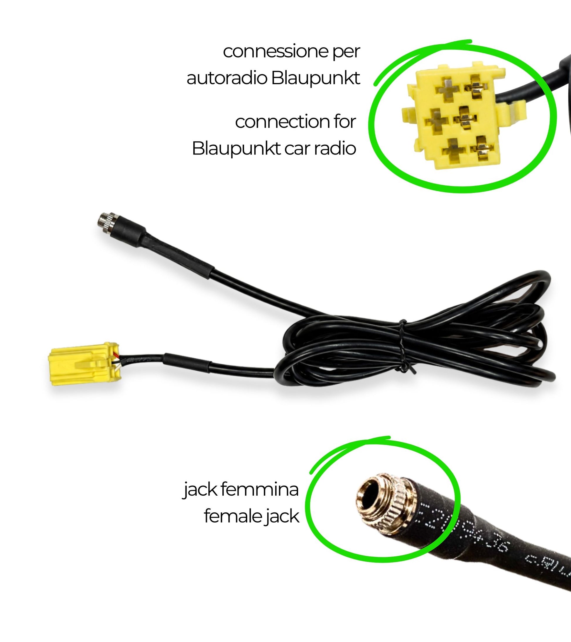 Cavo Aux Jack Femmina 3,5 mm con Connettore Giallo Autoradio Blaupunkt Compatibile con Fiat 500 Punto Panda + Cavo Audio Nylon Oro Doppio Jack Maschio