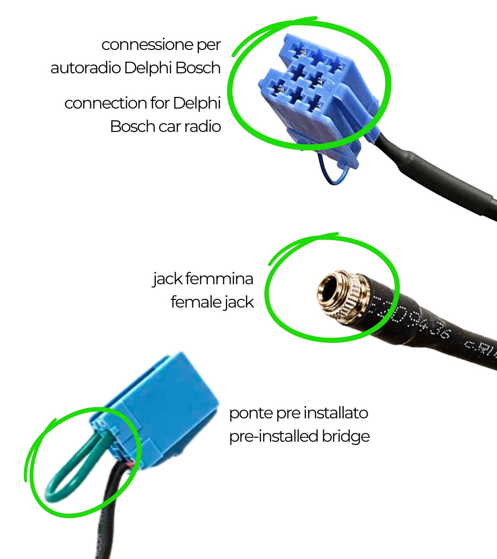 Cavo Aux Jack Femmina NO SOURCE AVAILABLE con Ponticello + Kit Estrazione Cavo Nylon Oro Compatibile con Fiat 500 Punto Panda Delphi Bosch Continental