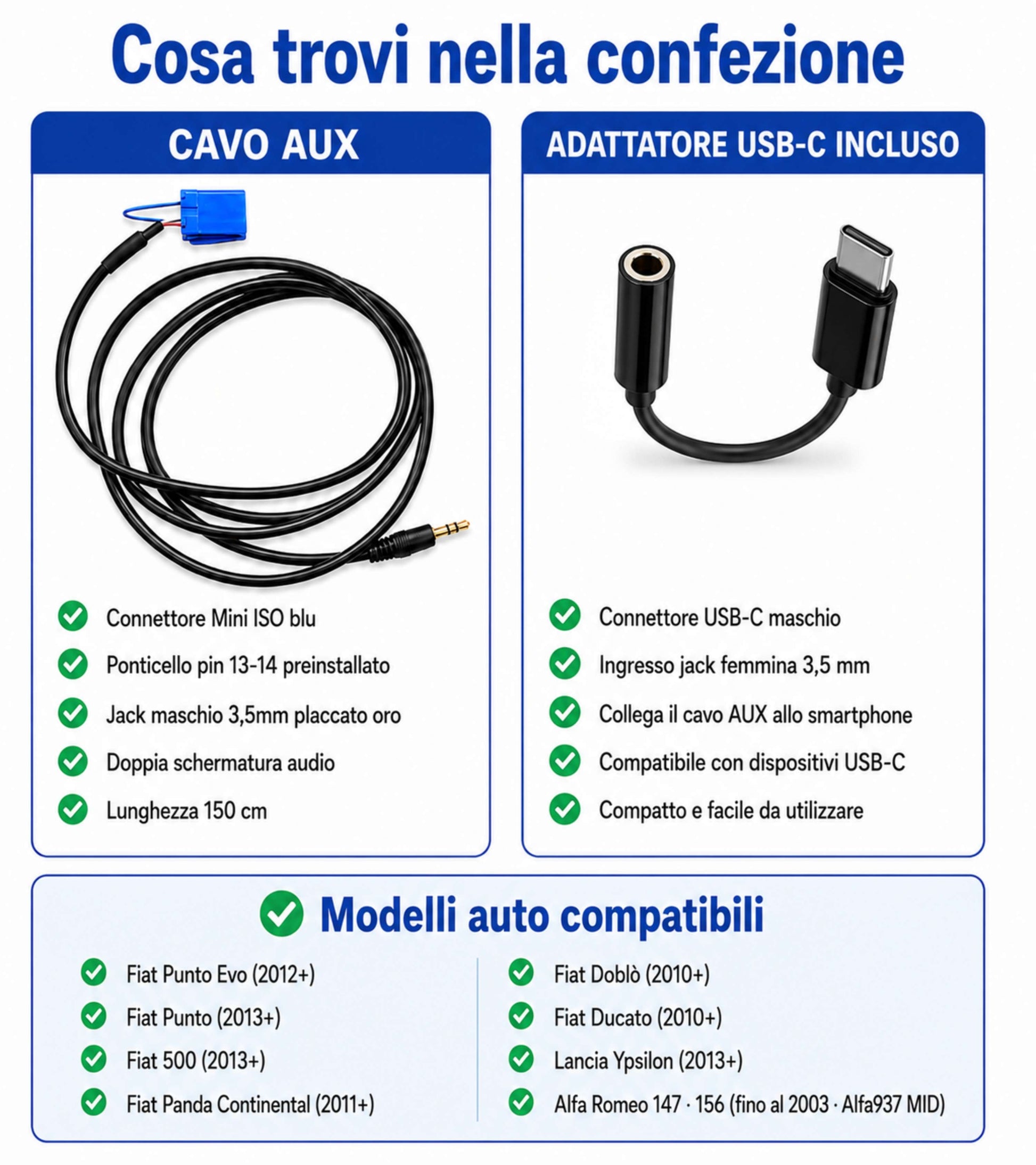 Cavo Aux Mashio con Ponticello Radio Delphi Bosch No Source Available Compatibile con Fiat Punto 500 Lancia Ypsilon + Adattatore USB-C e Jack Femmina