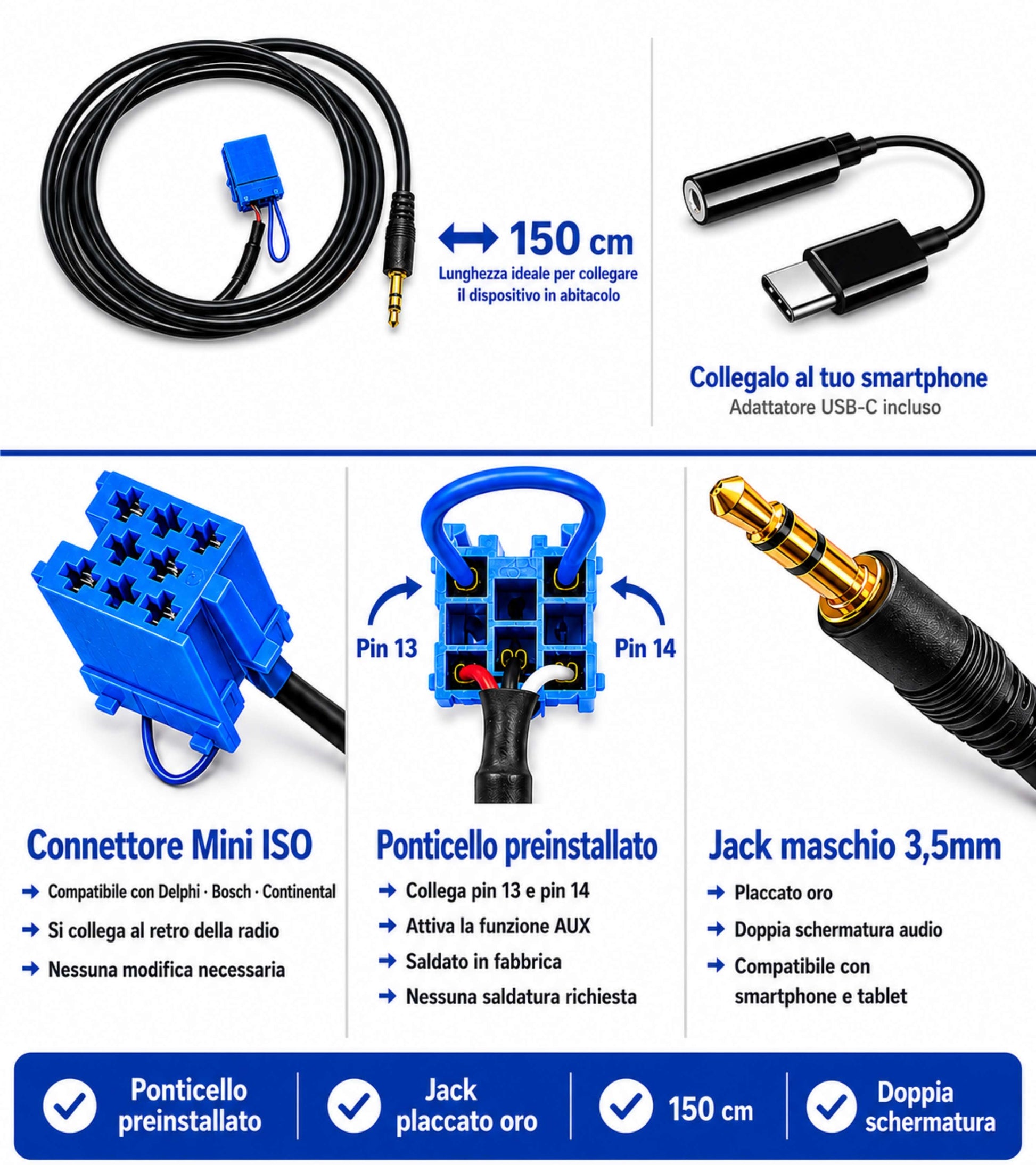 Cavo Aux Mashio con Ponticello Radio Delphi Bosch No Source Available Compatibile con Fiat Punto 500 Lancia Ypsilon + Adattatore USB-C e Jack Femmina