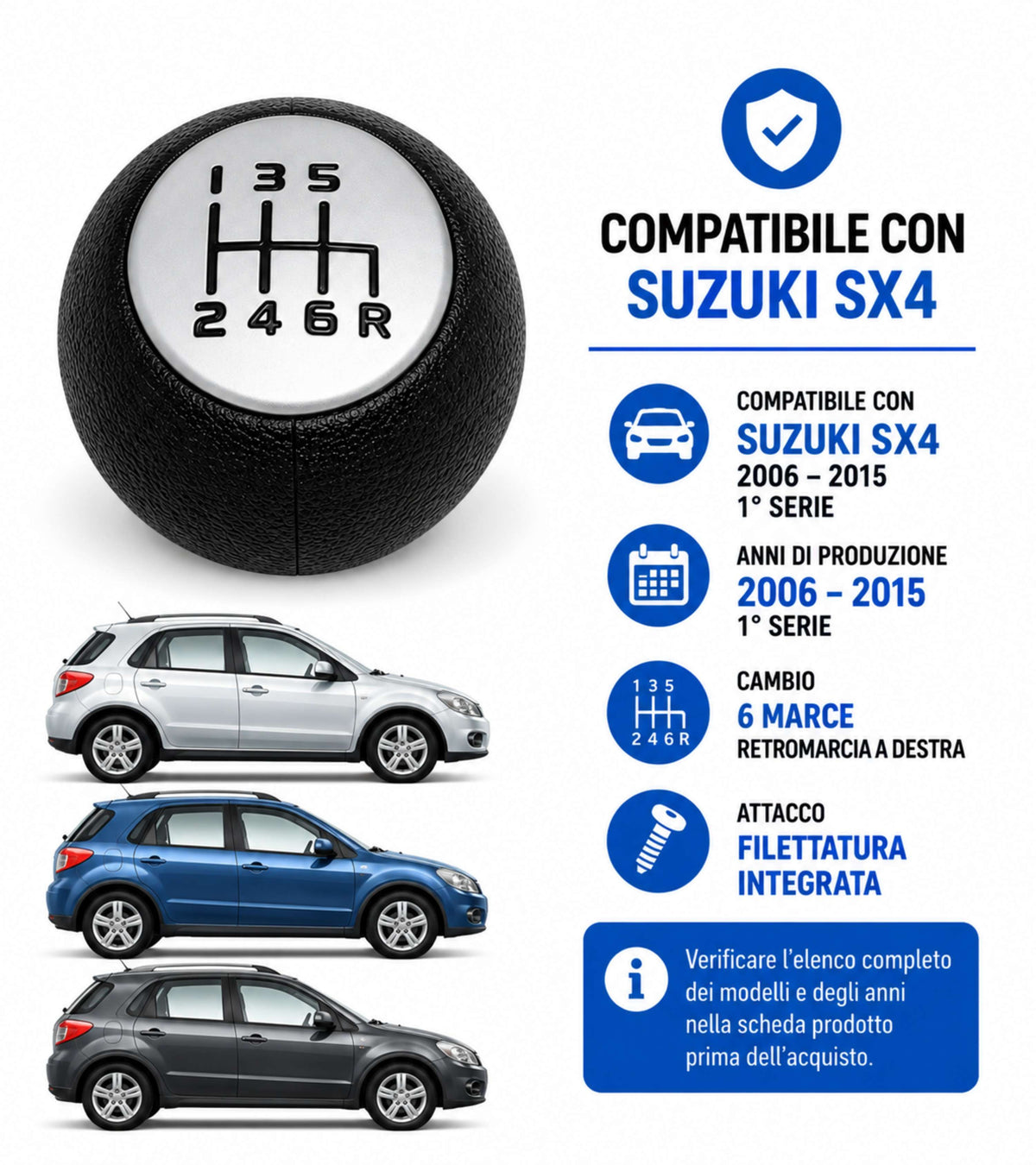 Pomello per Leva Cambio 6 Marce Compatibile con Suzuki SX4 2006-2015 Serie 1 Filettatura in Metallo, Retromarcia Basso Destra, Nero con Placca Opaca