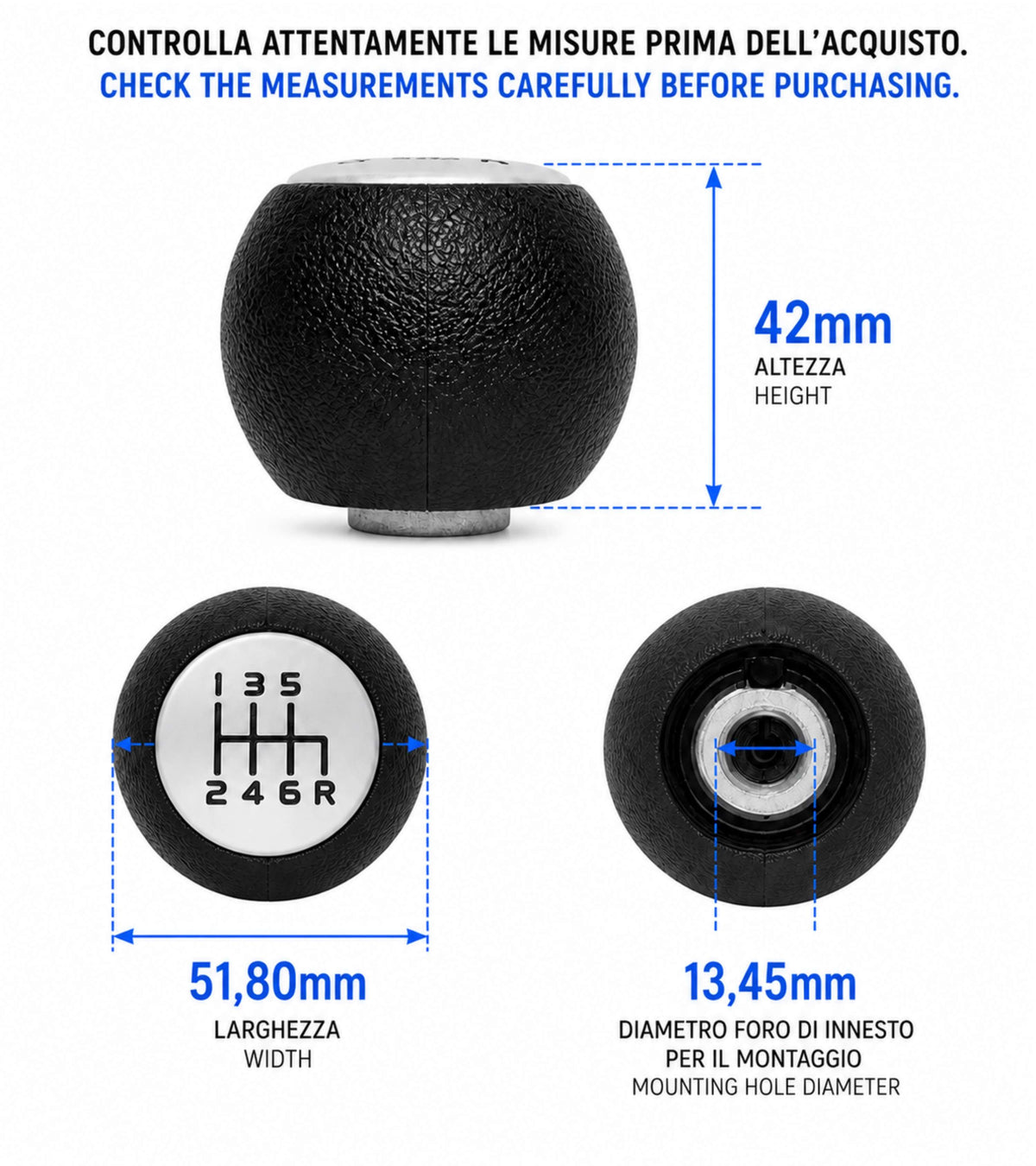 Pomello per Leva Cambio 6 Marce Compatibile con Suzuki SX4 2006-2015 Serie 1 Filettatura in Metallo, Retromarcia Basso Destra, Nero con Placca Opaca