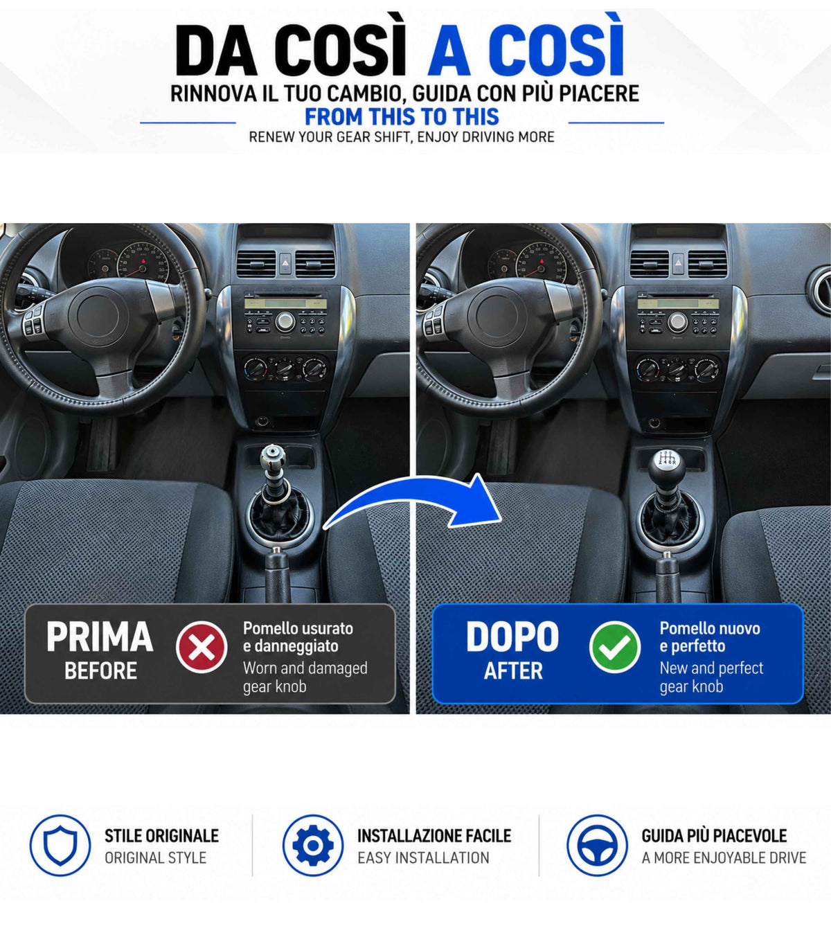 Pomello per Leva Cambio 6 Marce Compatibile con Suzuki SX4 2006-2015 Serie 1 Filettatura in Metallo, Retromarcia Basso Destra, Nero con Placca Opaca