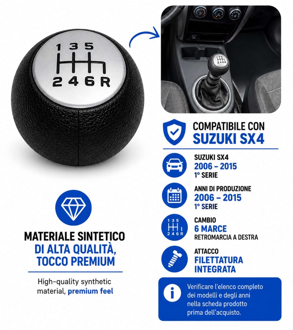 Pomello per Leva Cambio 6 Marce Compatibile con Suzuki SX4 2006-2015 Serie 1 Filettatura in Metallo, Retromarcia Basso Destra, Nero con Placca Opaca