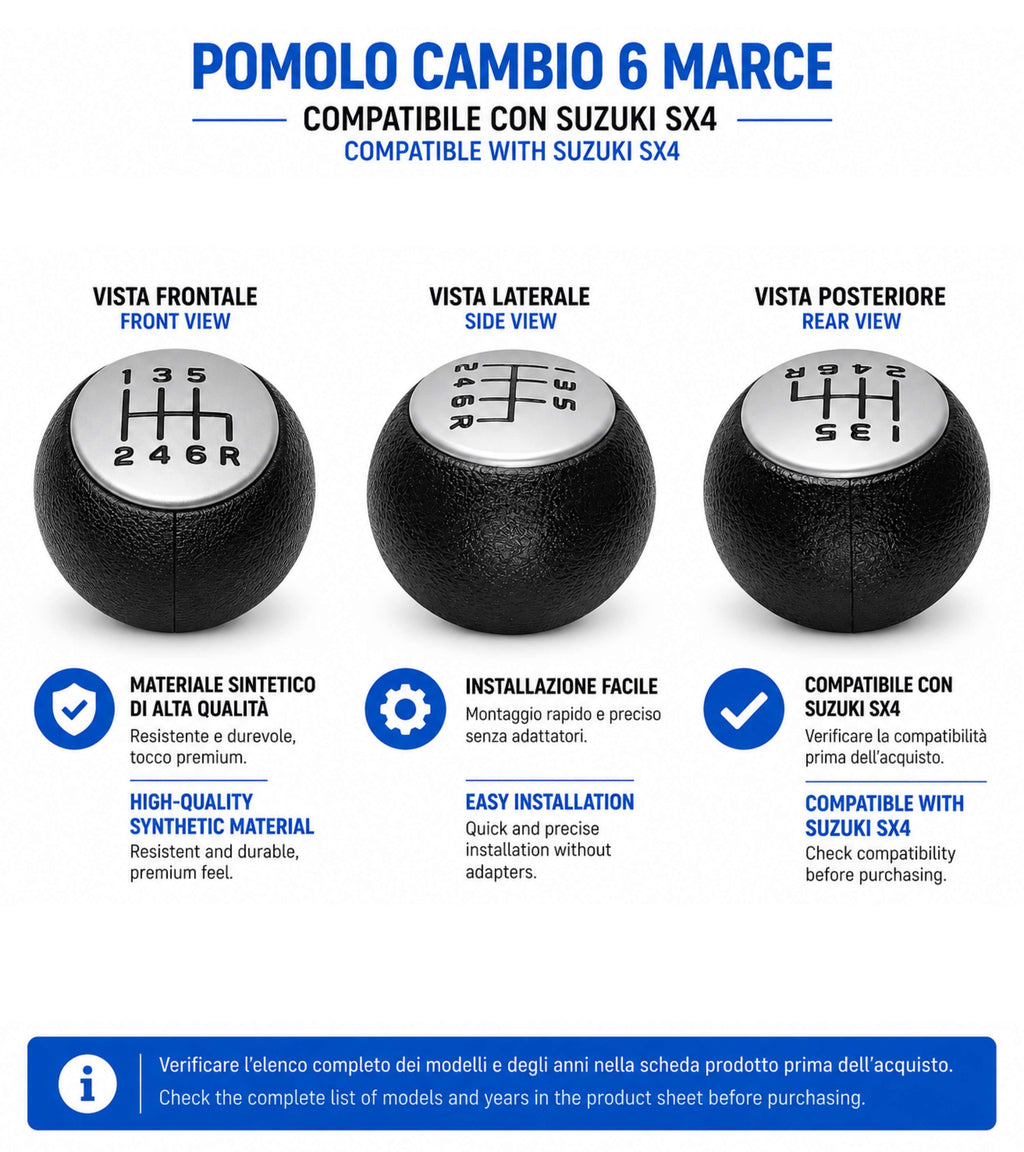 Pomello per Leva Cambio 6 Marce Compatibile con Suzuki SX4 2006-2015 Serie 1 Filettatura in Metallo, Retromarcia Basso Destra, Nero con Placca Opaca