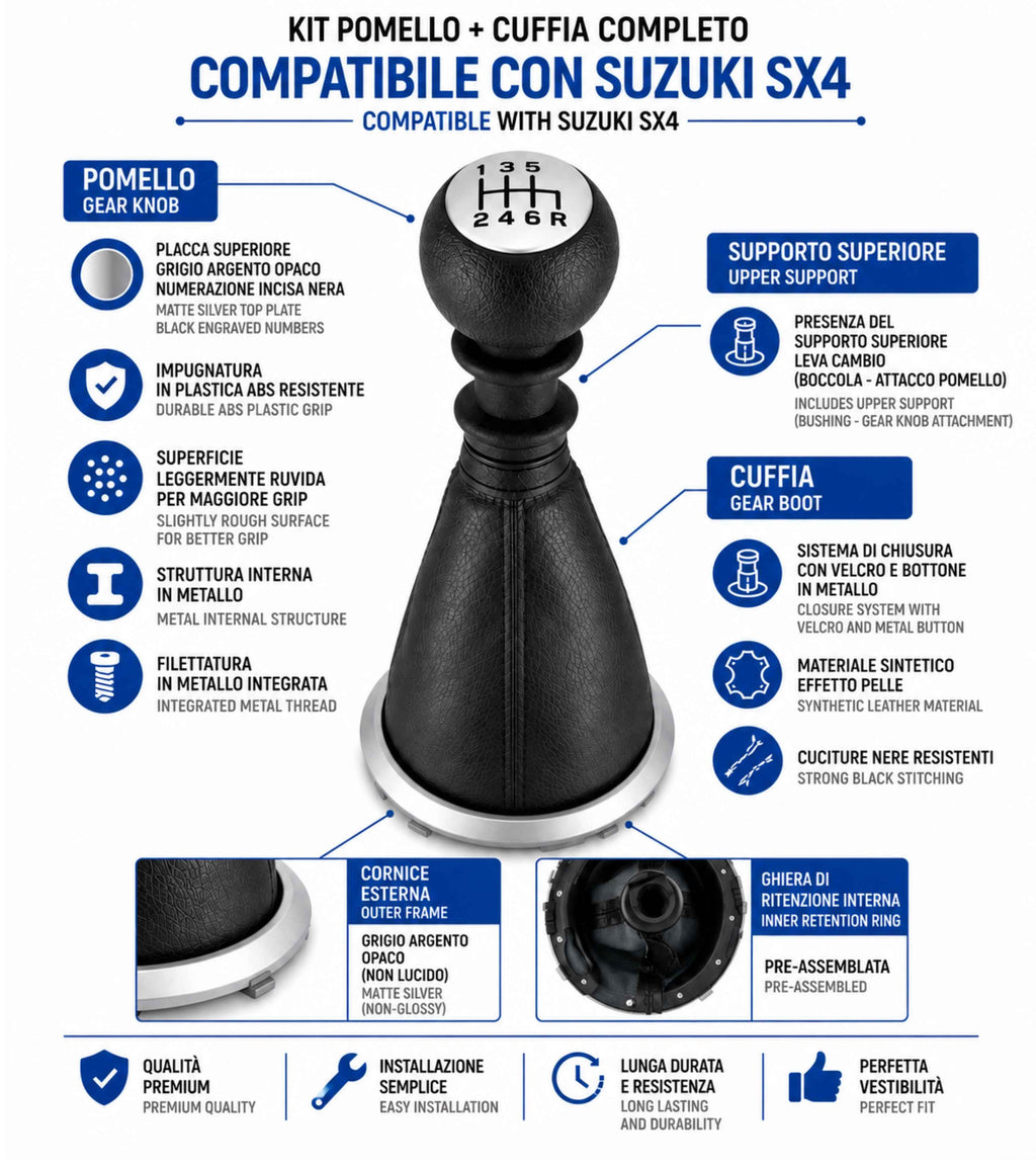 Kit  Compatibile con Suzuki SX4 2006-2015 Serie 1 con Pomello Leva Cambio 6 Marce, Cuffia, Cornice Grigio Argento Opaco e Ghiera di Ritenzione