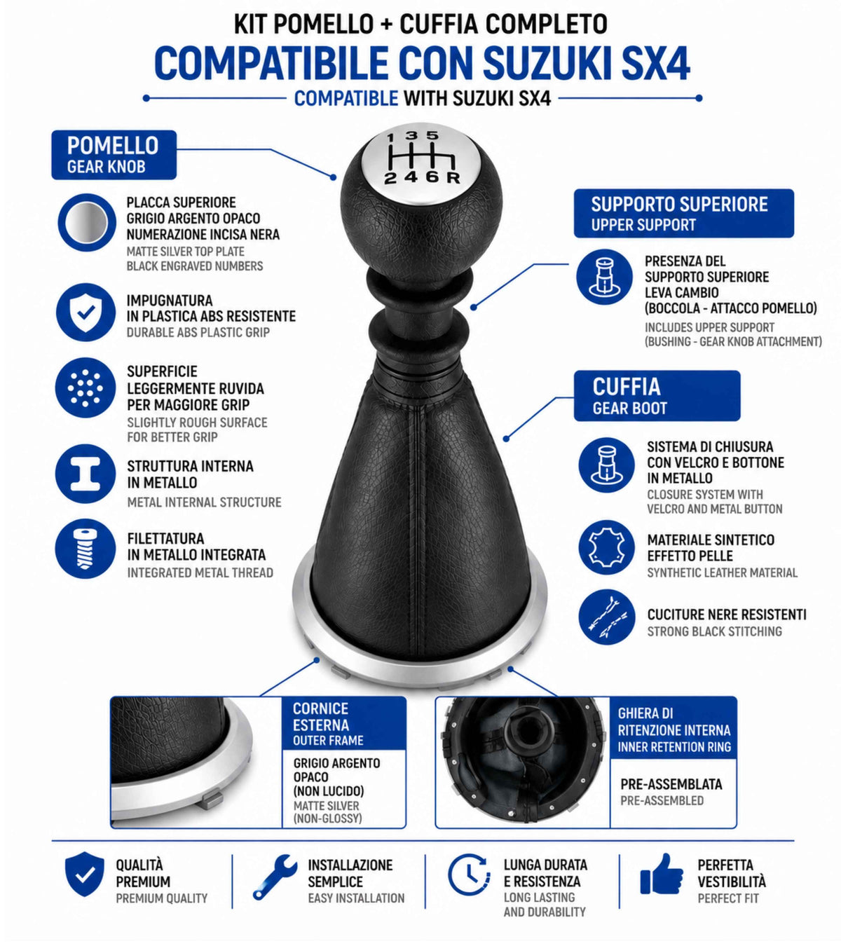 Kit  Compatibile con Suzuki SX4 2006-2015 Serie 1 con Pomello Leva Cambio 6 Marce, Cuffia, Cornice Grigio Argento Opaco e Ghiera di Ritenzione
